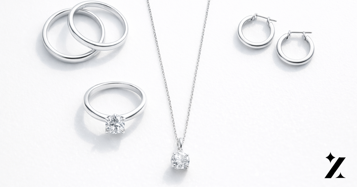 925 sterling silver jewellery flat lay — rings necklace earrings by ZIXY
