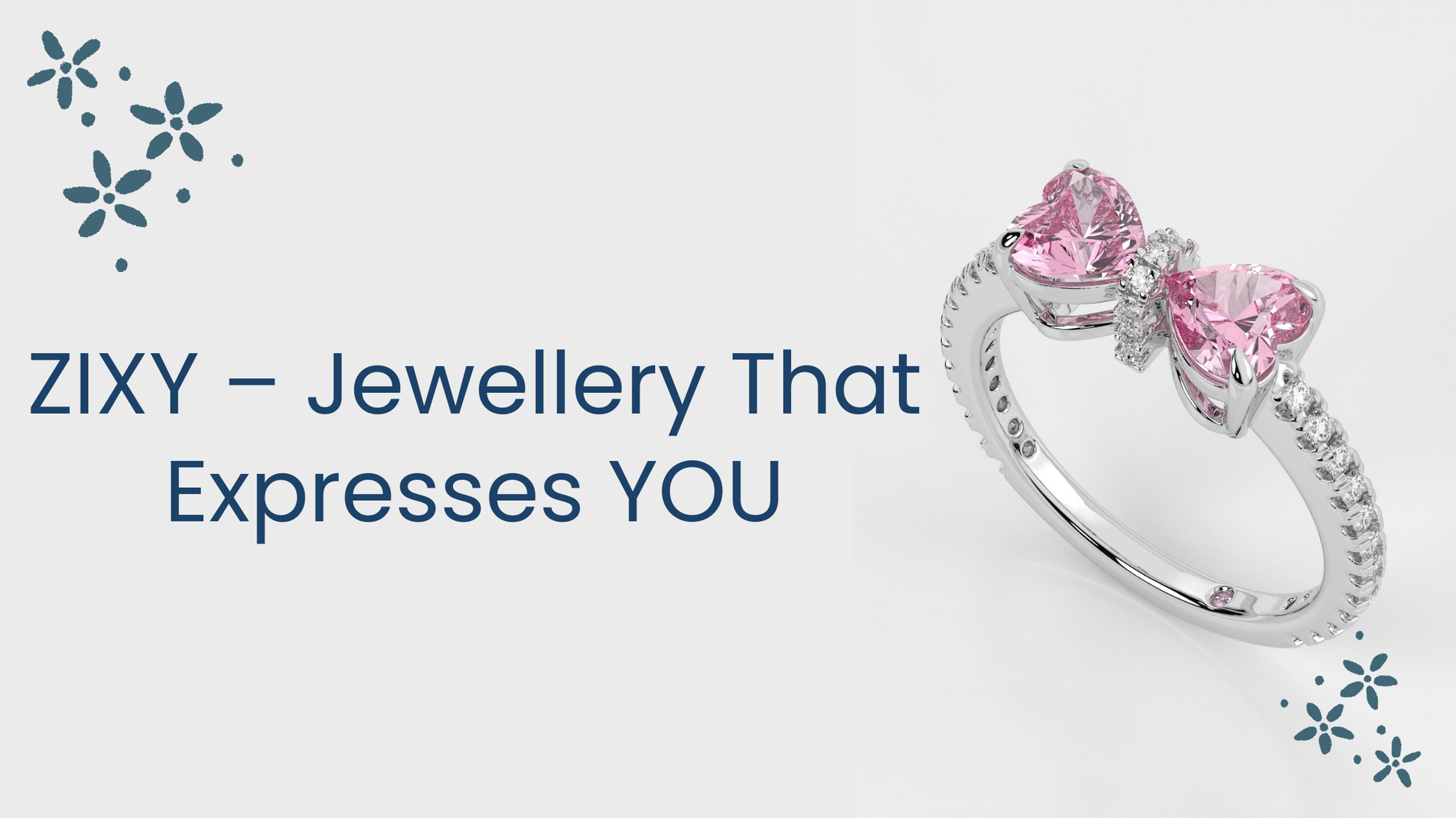 Silver ring with pink gemstones on a white background, featuring ZIXY branding.