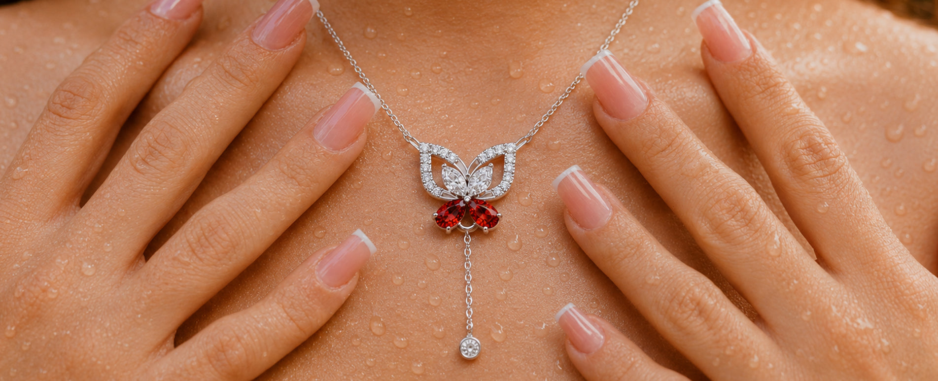 A close-up lifestyle shot of a silver necklace with a butterfly pendant featuring red gemstones and clear crystals, worn on a model's neck with hands resting on either side.