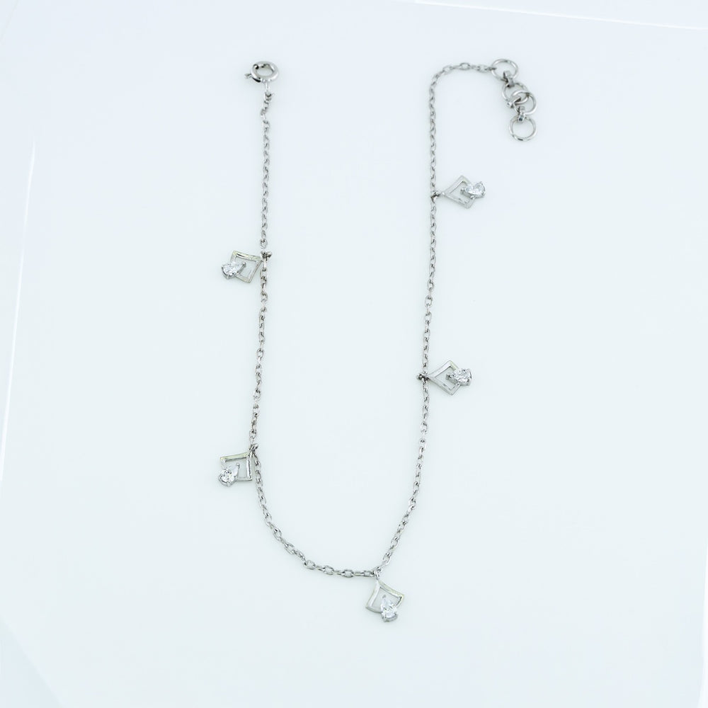 Arrow drop charm anklet with delicate chain and five dangling arrow shaped pear stone charms