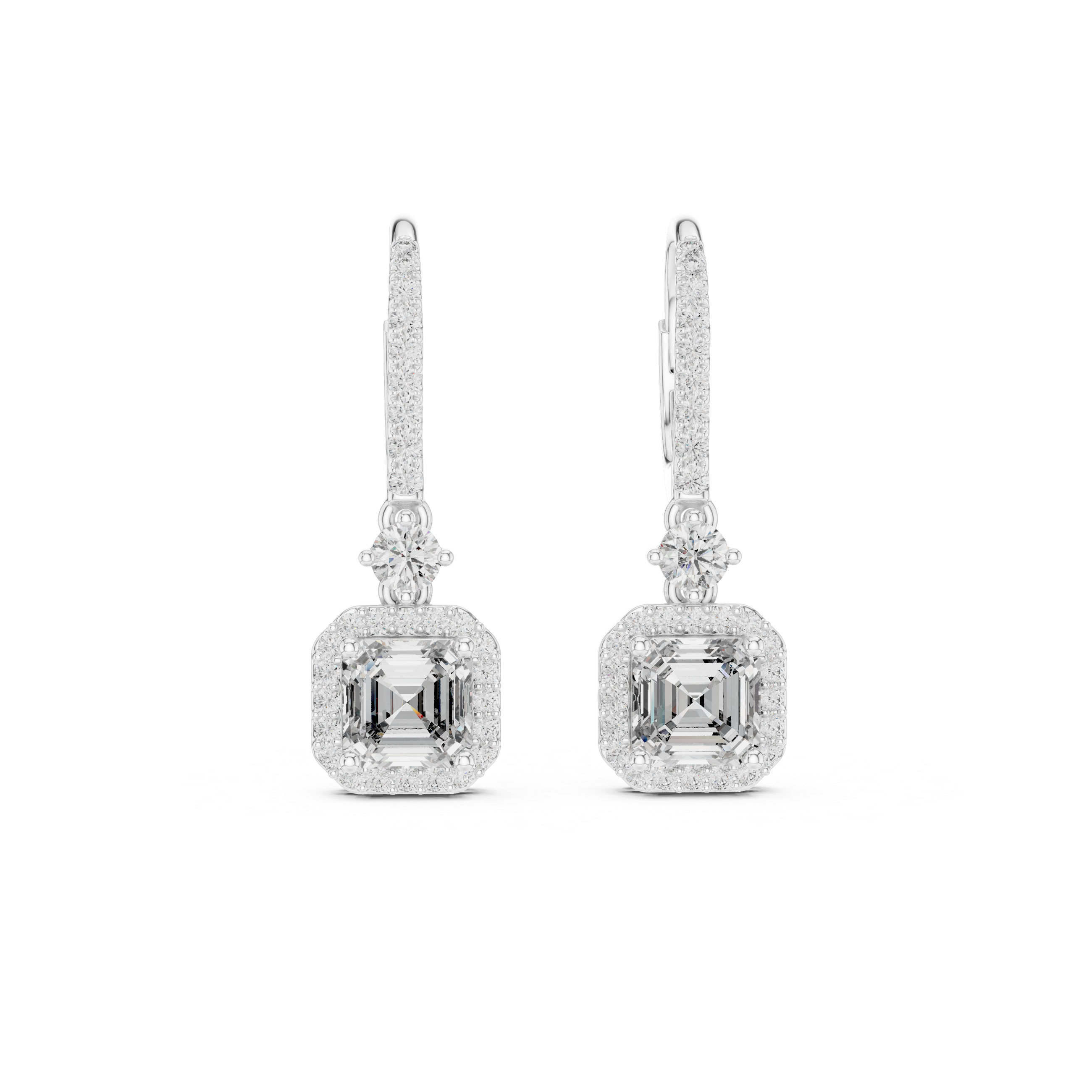 Asscher cut halo lever back drop earrings with pave hoop top, round solitaire link and large asscher cut centre stone with pave square halo