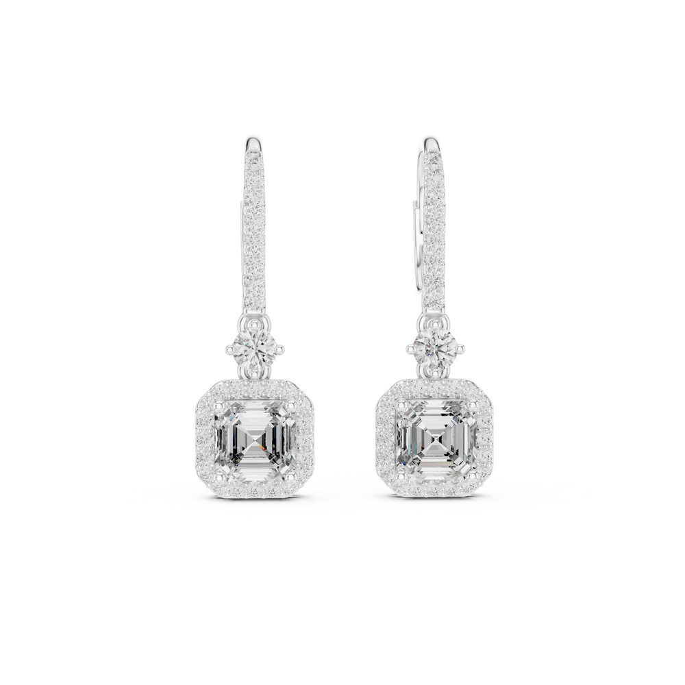 Asscher cut halo lever back drop earrings with pave hoop top, round solitaire link and large asscher cut centre stone with pave square halo