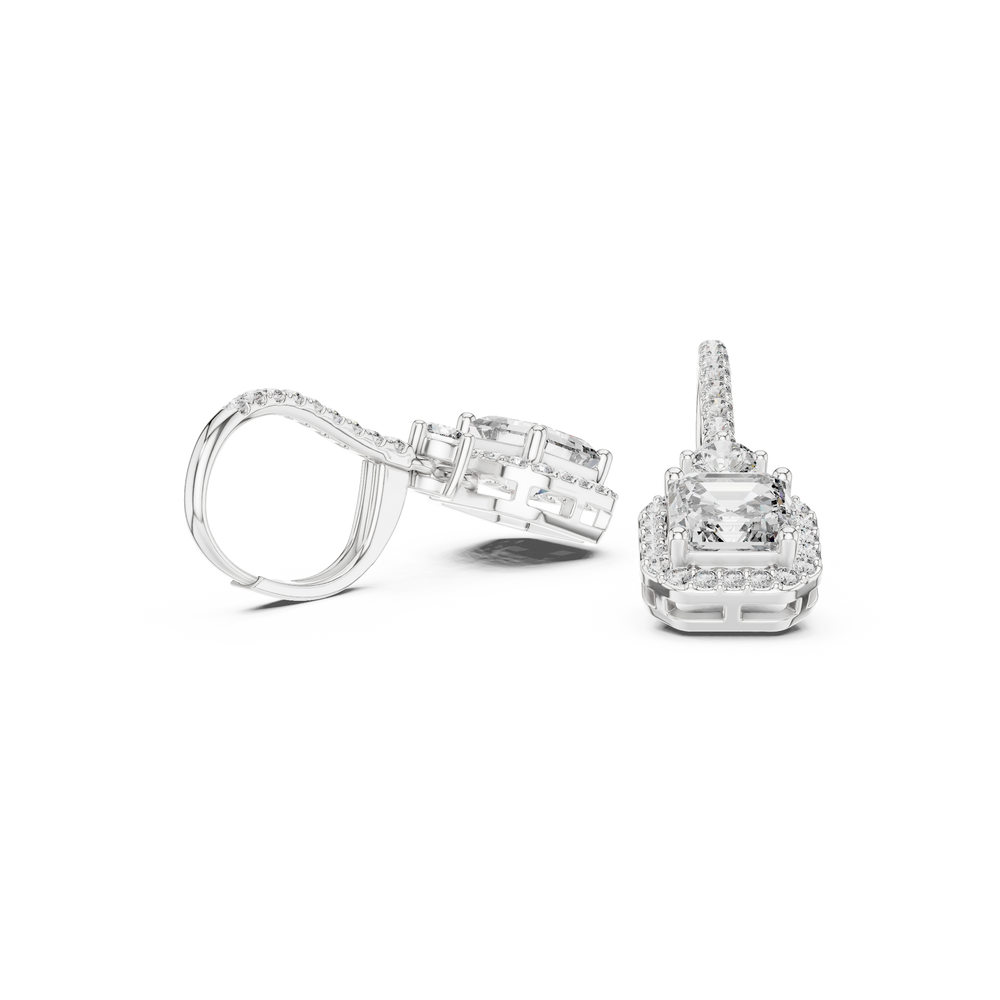 Asscher cut halo lever back drop earrings with pave hoop top, round solitaire link and large asscher cut centre stone with pave square halo