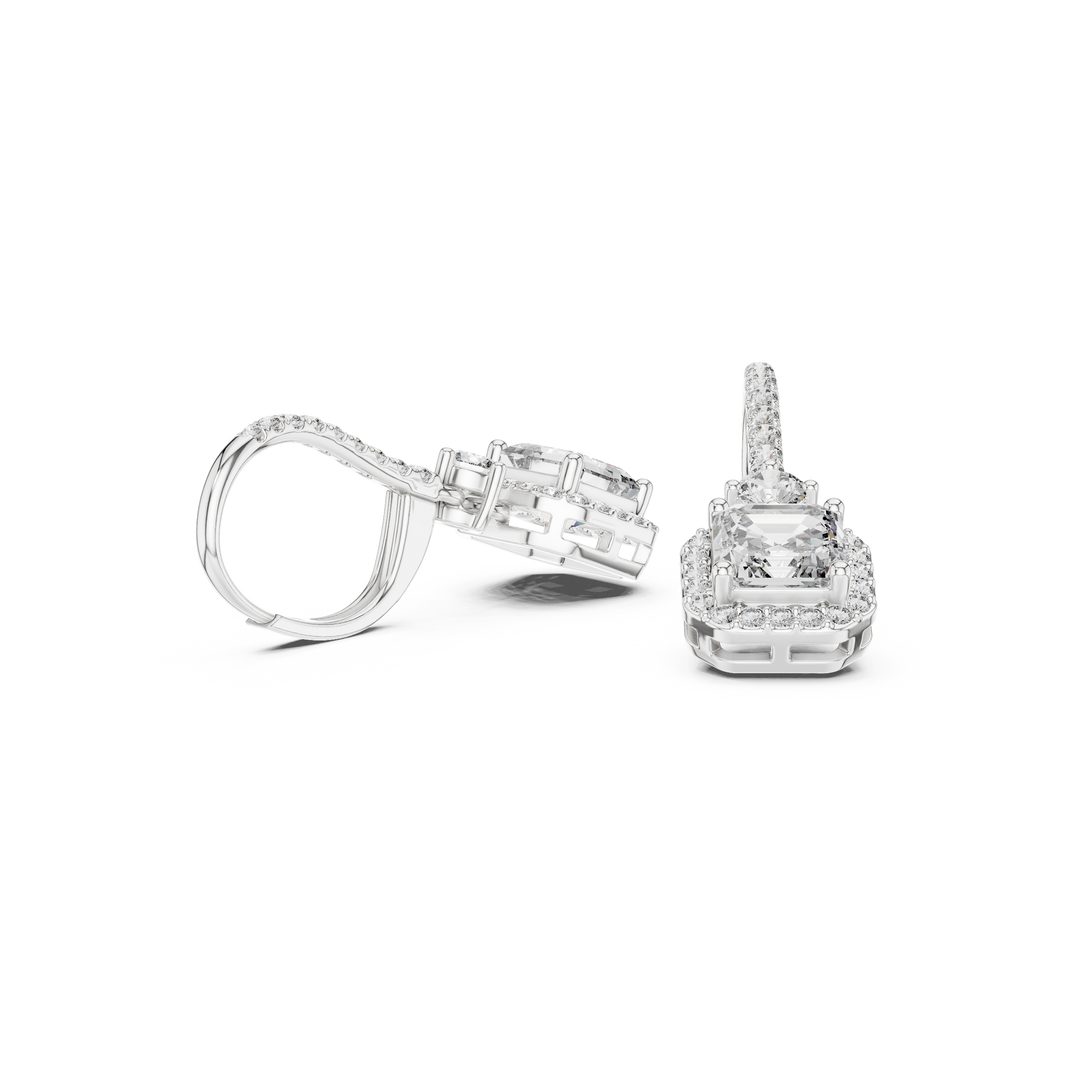 Asscher cut halo lever back drop earrings with pave hoop top, round solitaire link and large asscher cut centre stone with pave square halo