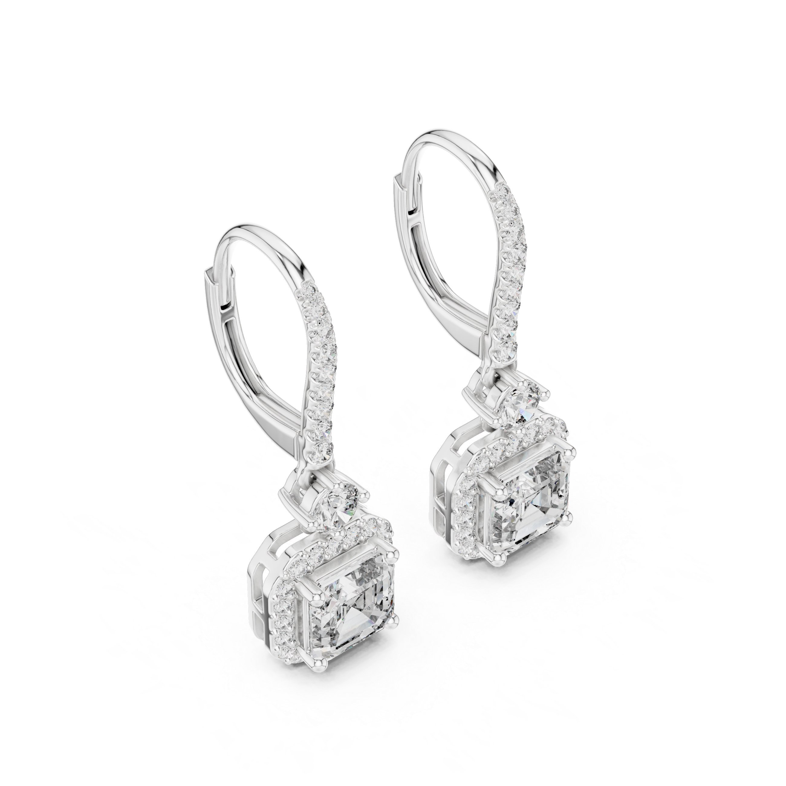 Asscher cut halo lever back drop earrings with pave hoop top, round solitaire link and large asscher cut centre stone with pave square halo