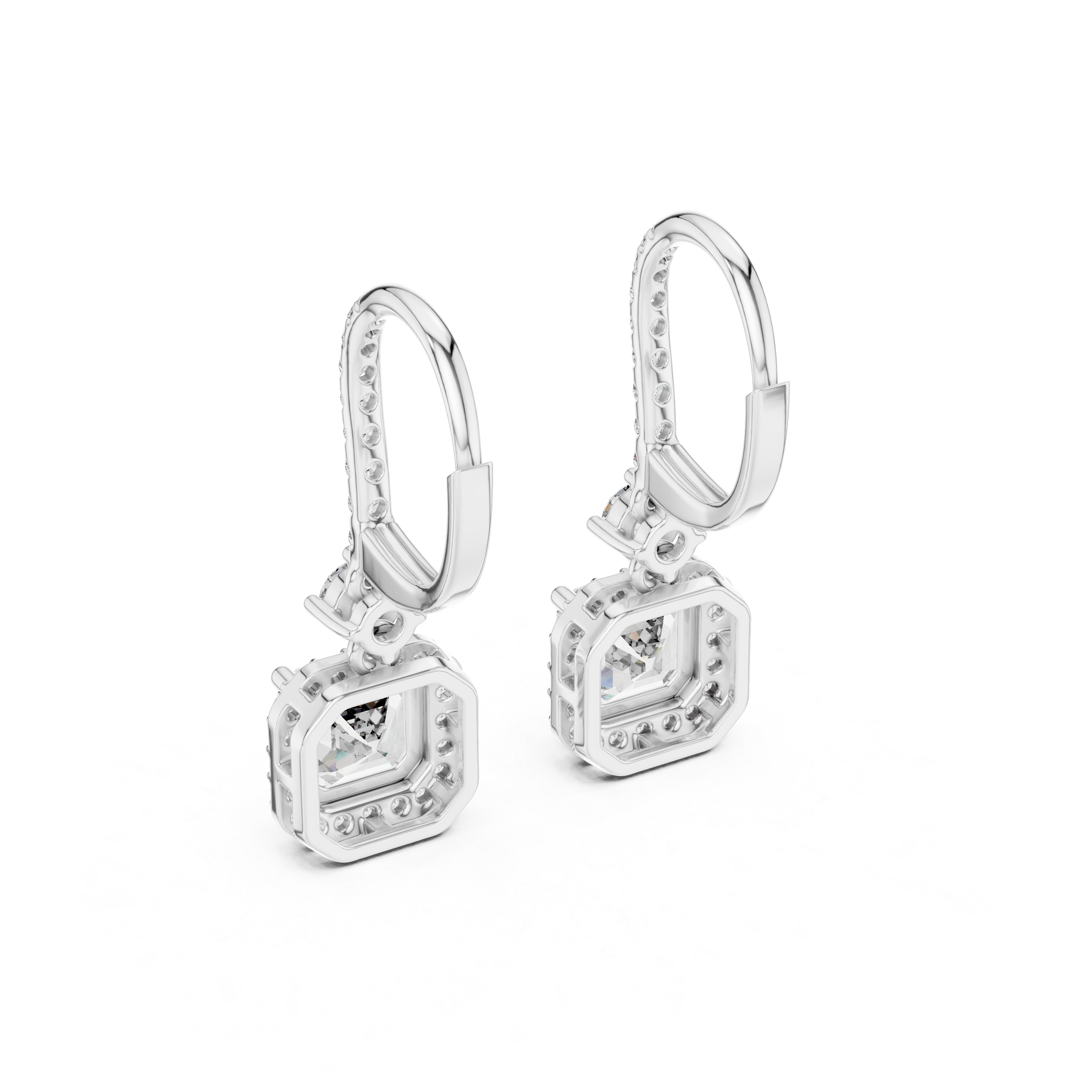 Asscher cut halo lever back drop earrings with pave hoop top, round solitaire link and large asscher cut centre stone with pave square halo
