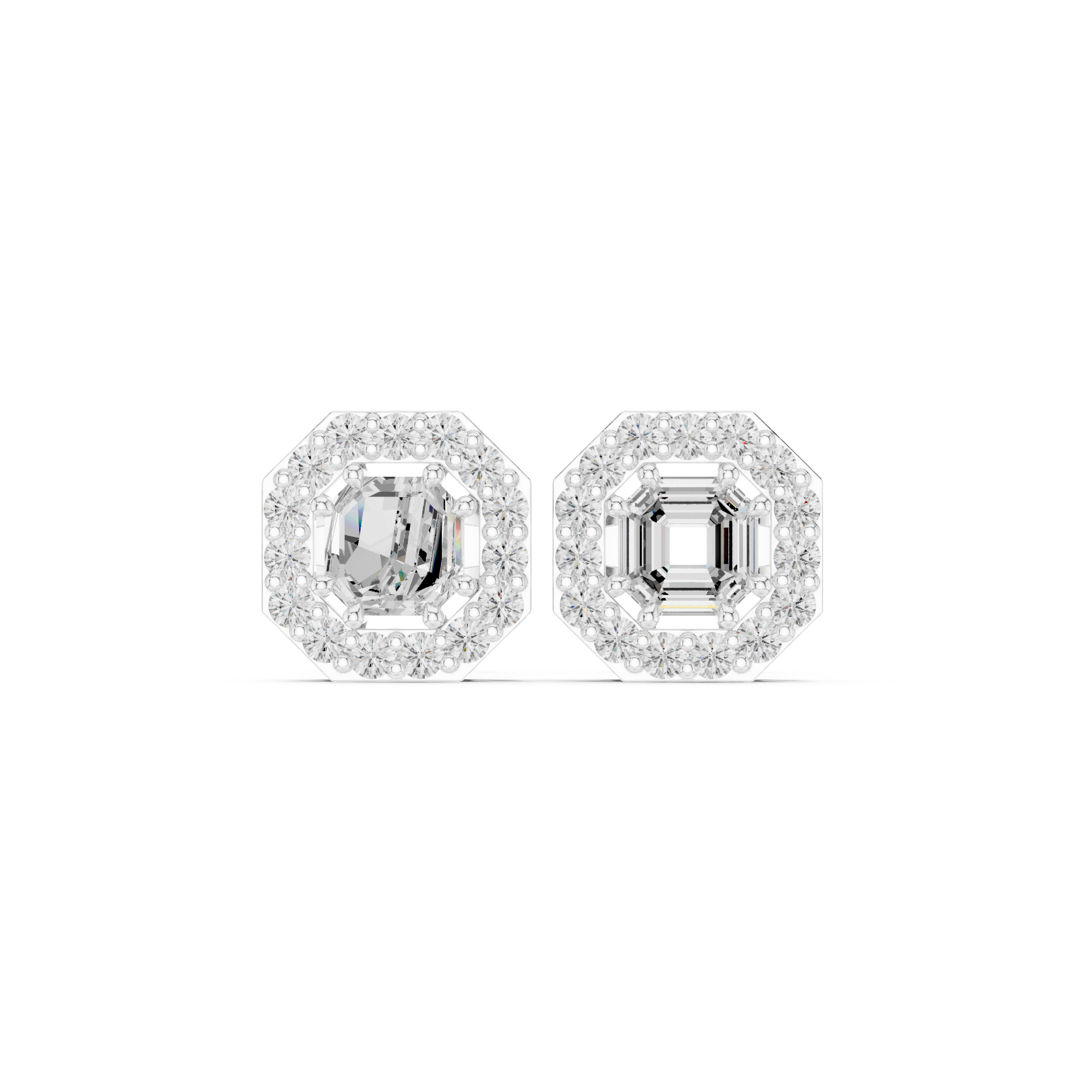 Asscher cut solitaire stud earrings with a stone-set octagonal halo border
