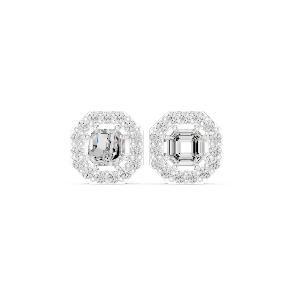 Asscher cut solitaire stud earrings with a stone-set octagonal halo border
