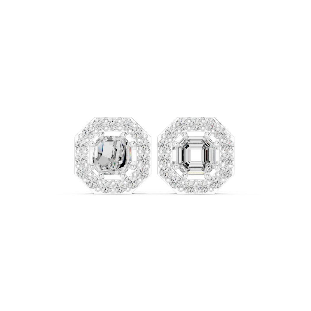 Asscher cut solitaire stud earrings with a stone-set octagonal halo border