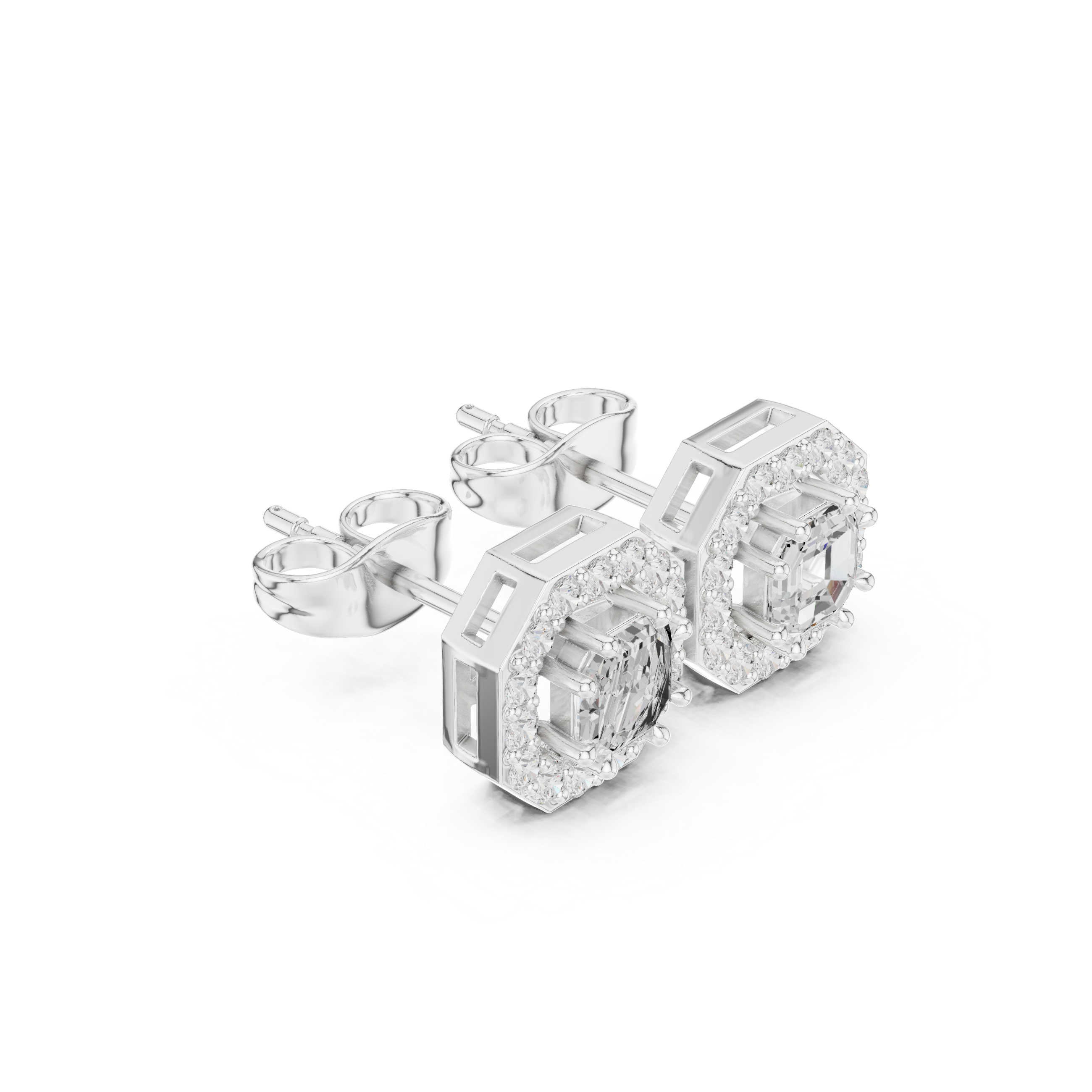 Asscher cut solitaire stud earrings with a stone-set octagonal halo border