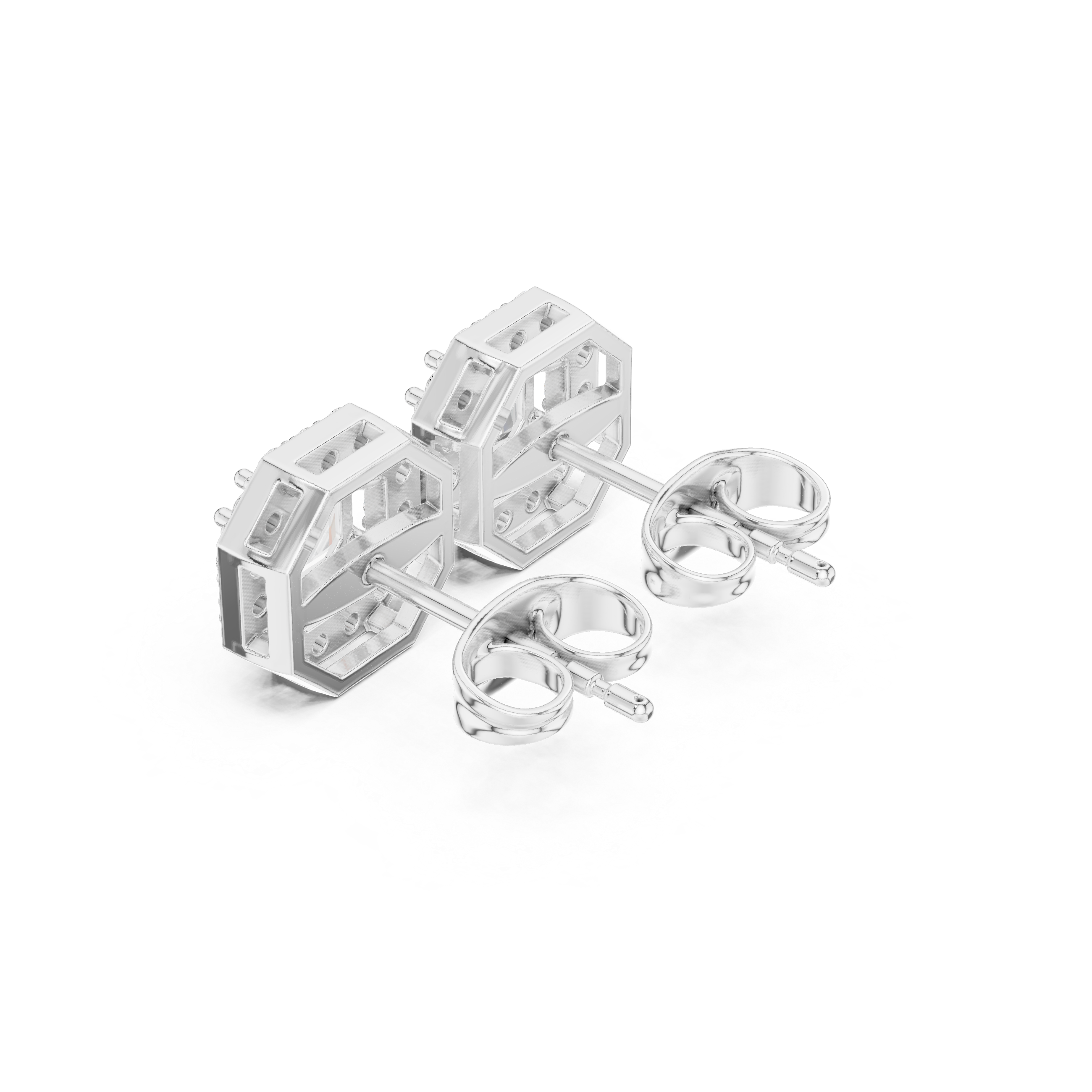 Asscher cut solitaire stud earrings with a stone-set octagonal halo border