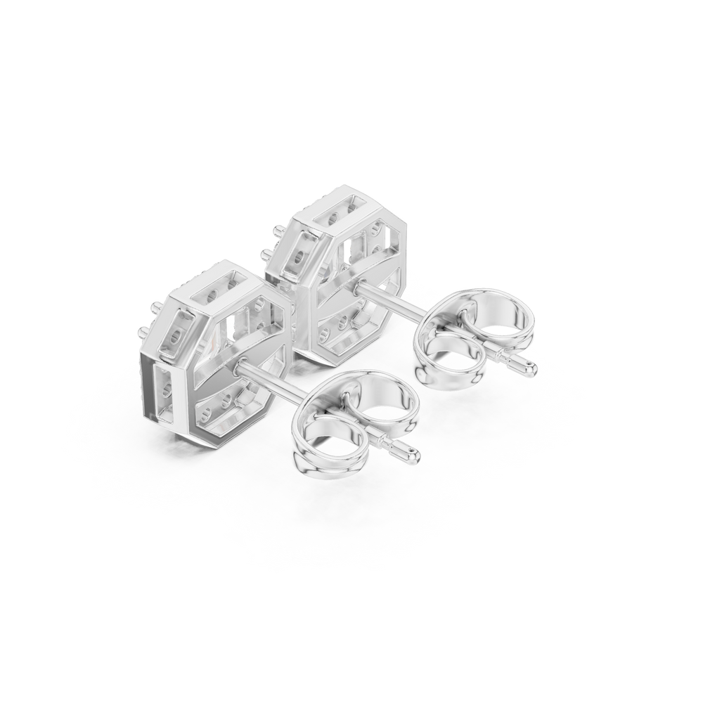 Asscher cut solitaire stud earrings with a stone-set octagonal halo border