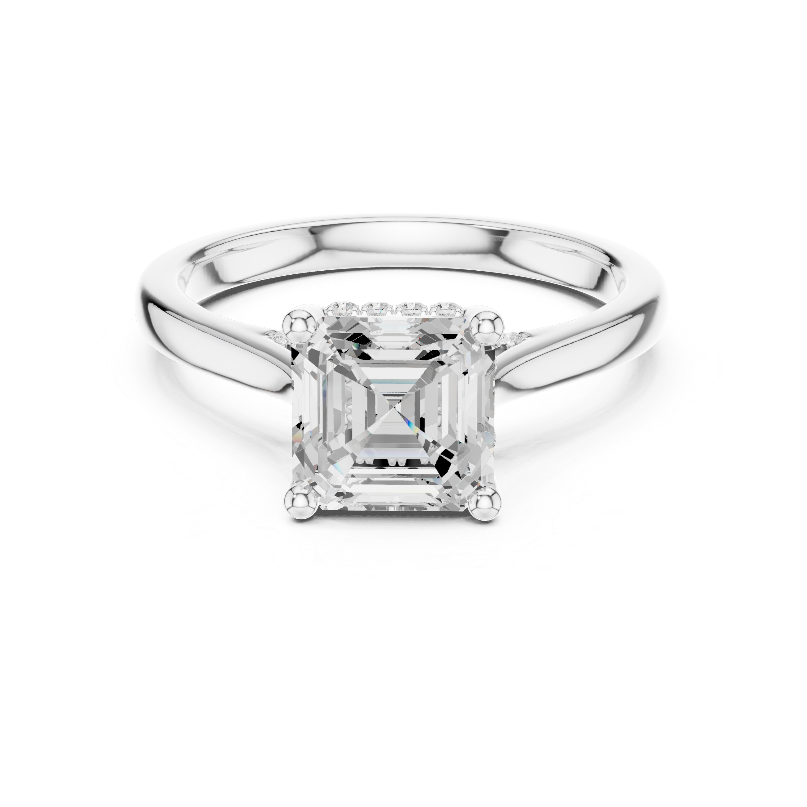 Asscher cut solitaire engagement ring with hidden halo and sleek polished band