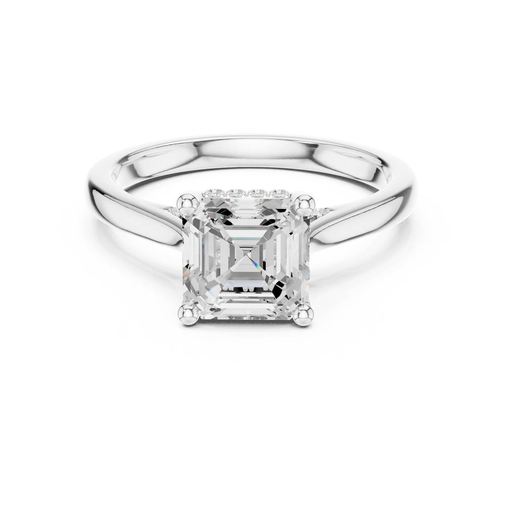 Asscher cut solitaire engagement ring with hidden halo and sleek polished band
