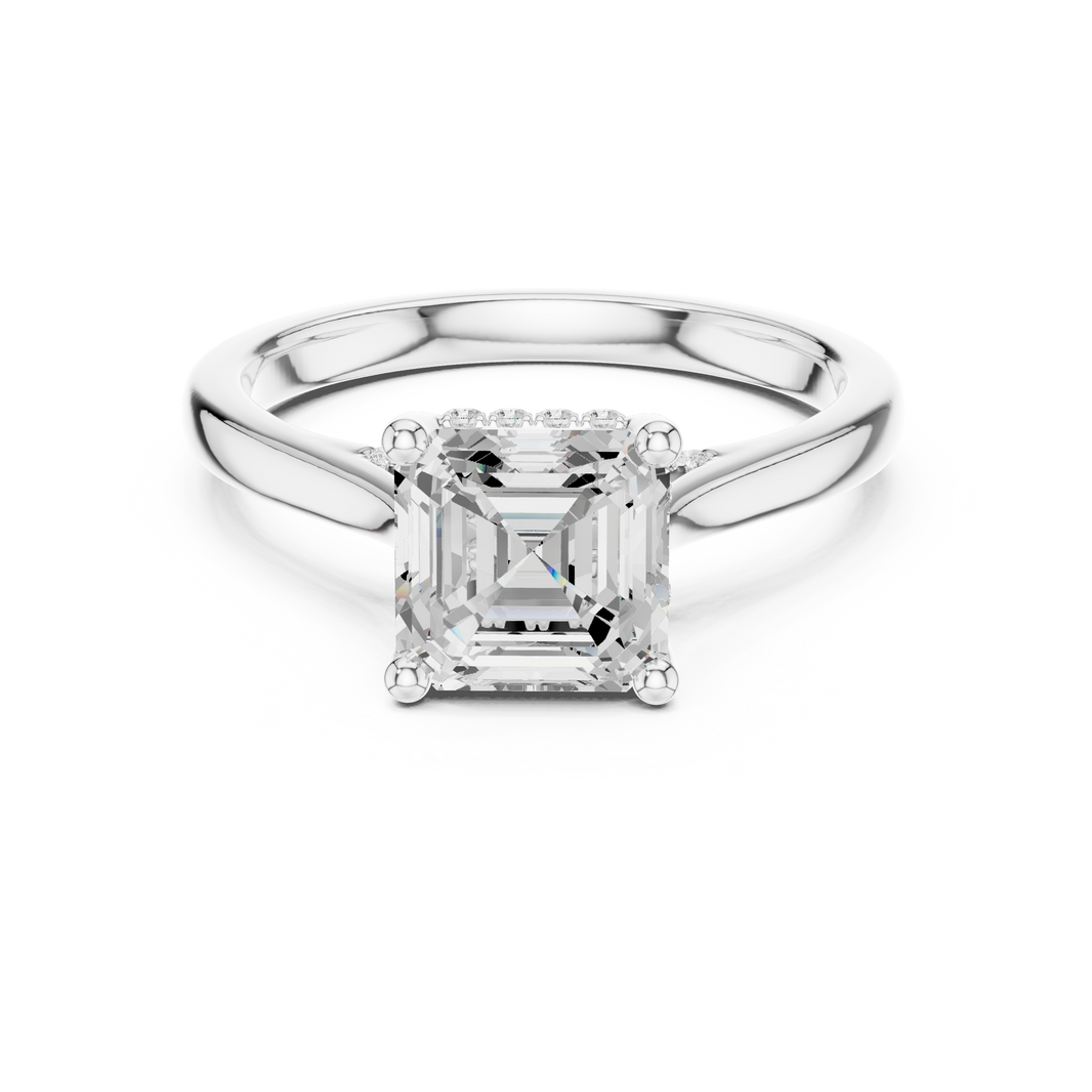 Asscher cut solitaire engagement ring with hidden halo and sleek polished band