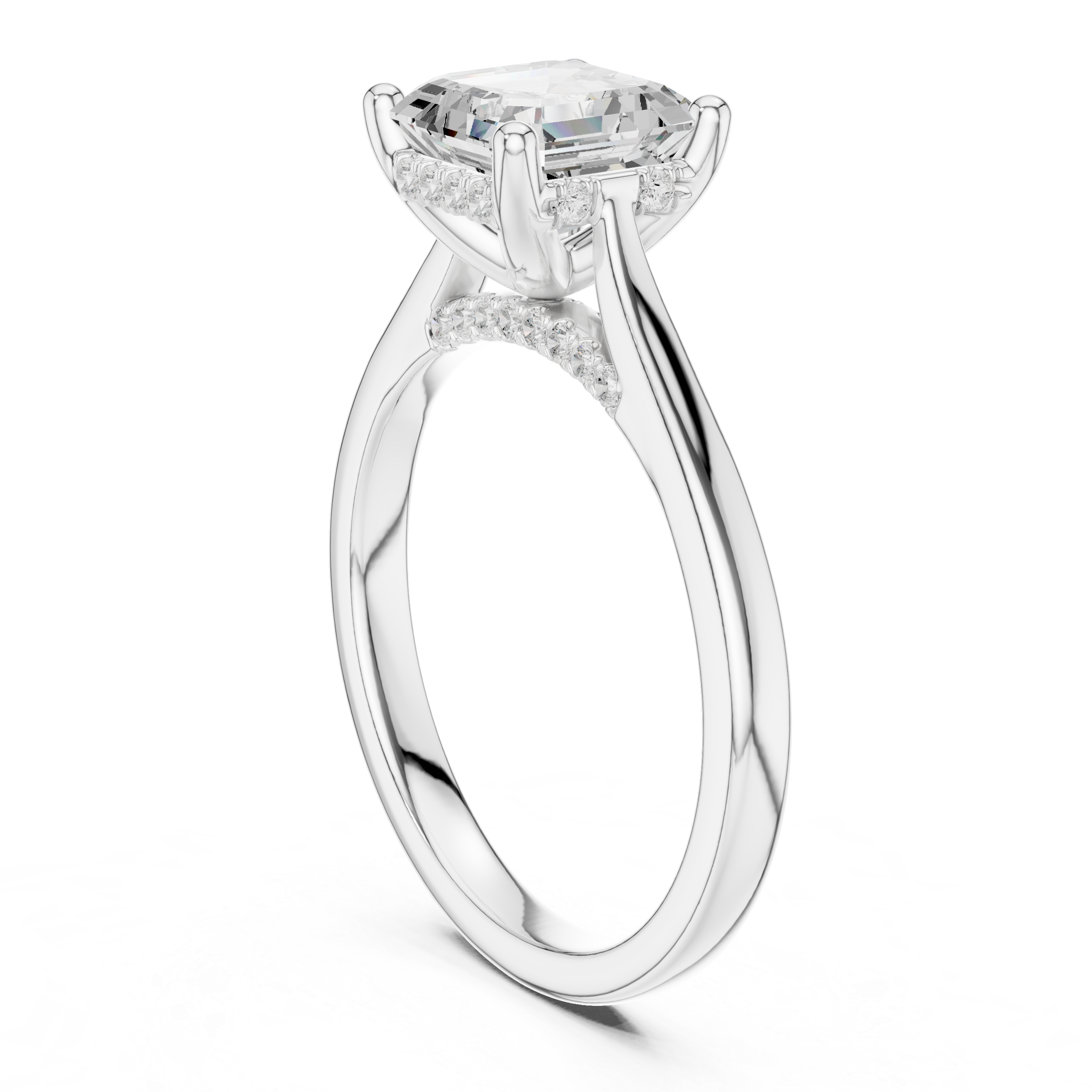 Asscher cut solitaire engagement ring with hidden halo and sleek polished band