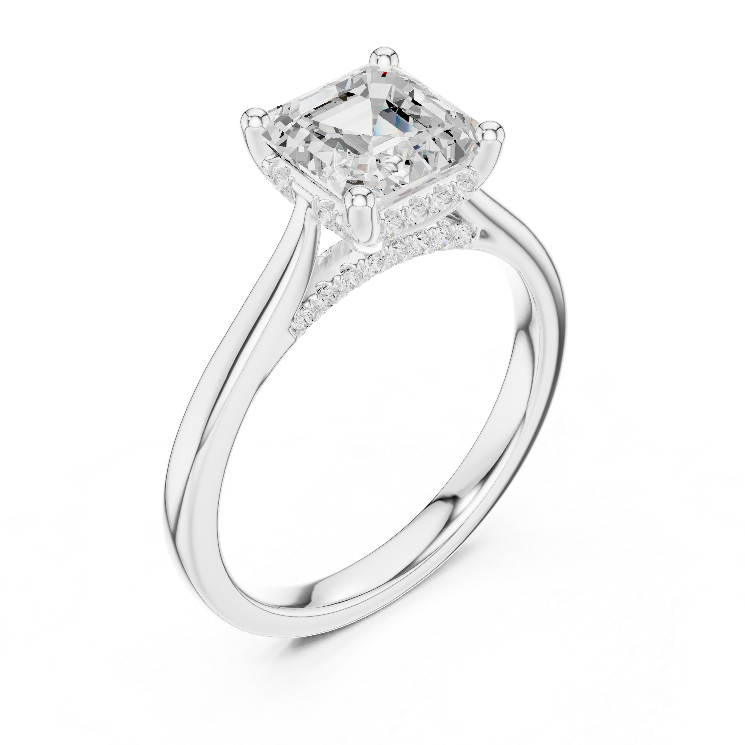 Asscher cut solitaire engagement ring with hidden halo and sleek polished band