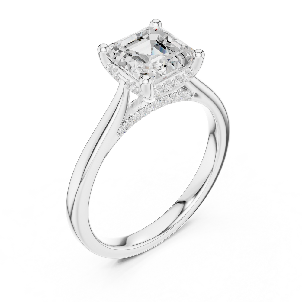 Asscher cut solitaire engagement ring with hidden halo and sleek polished band