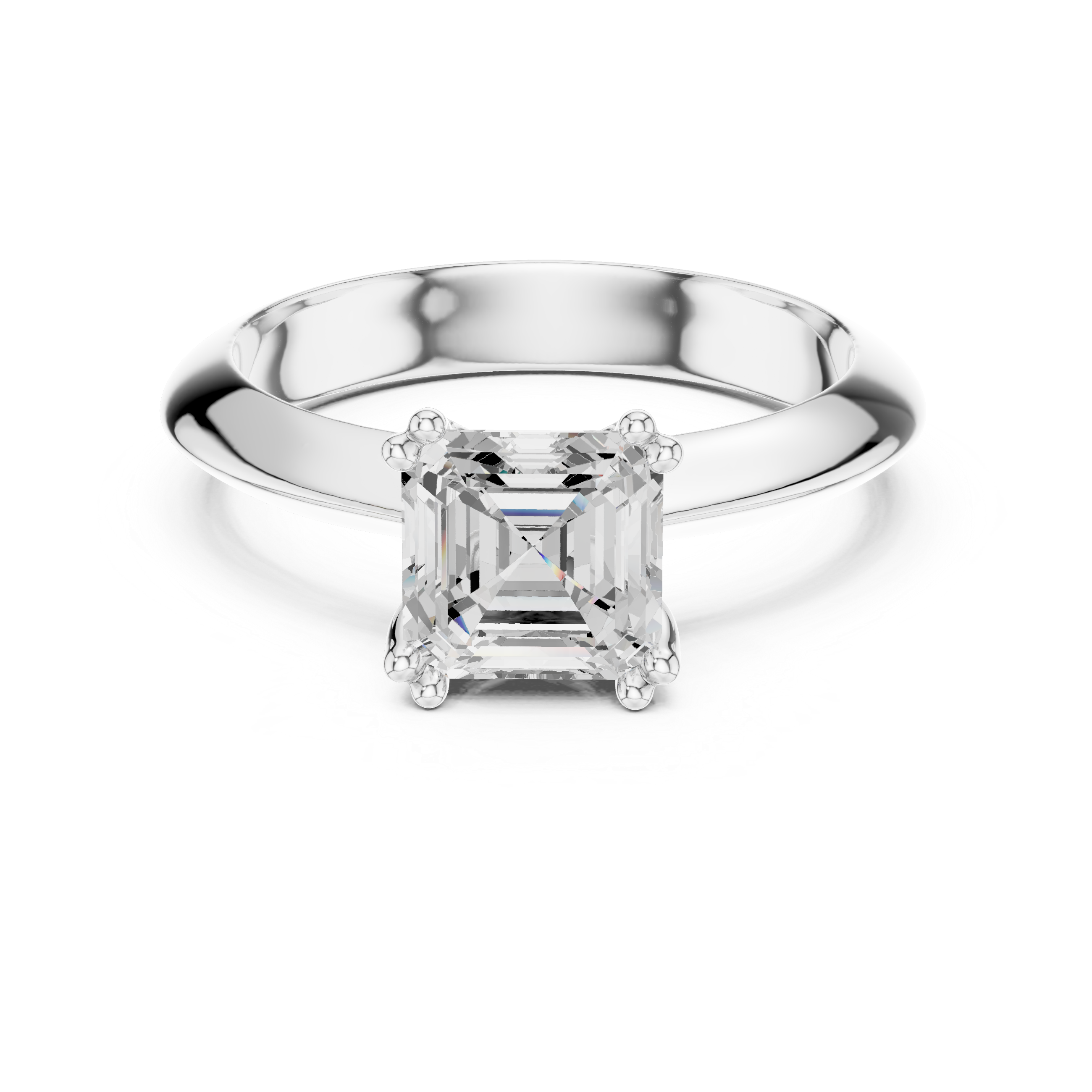Asscher cut solitaire engagement ring with eight prong basket setting and wide polished band