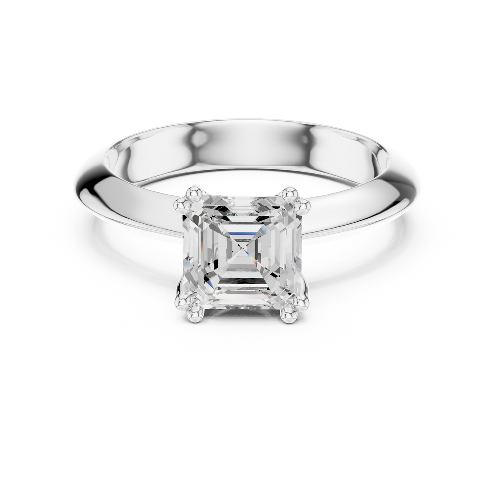 Asscher cut solitaire engagement ring with eight prong basket setting and wide polished band