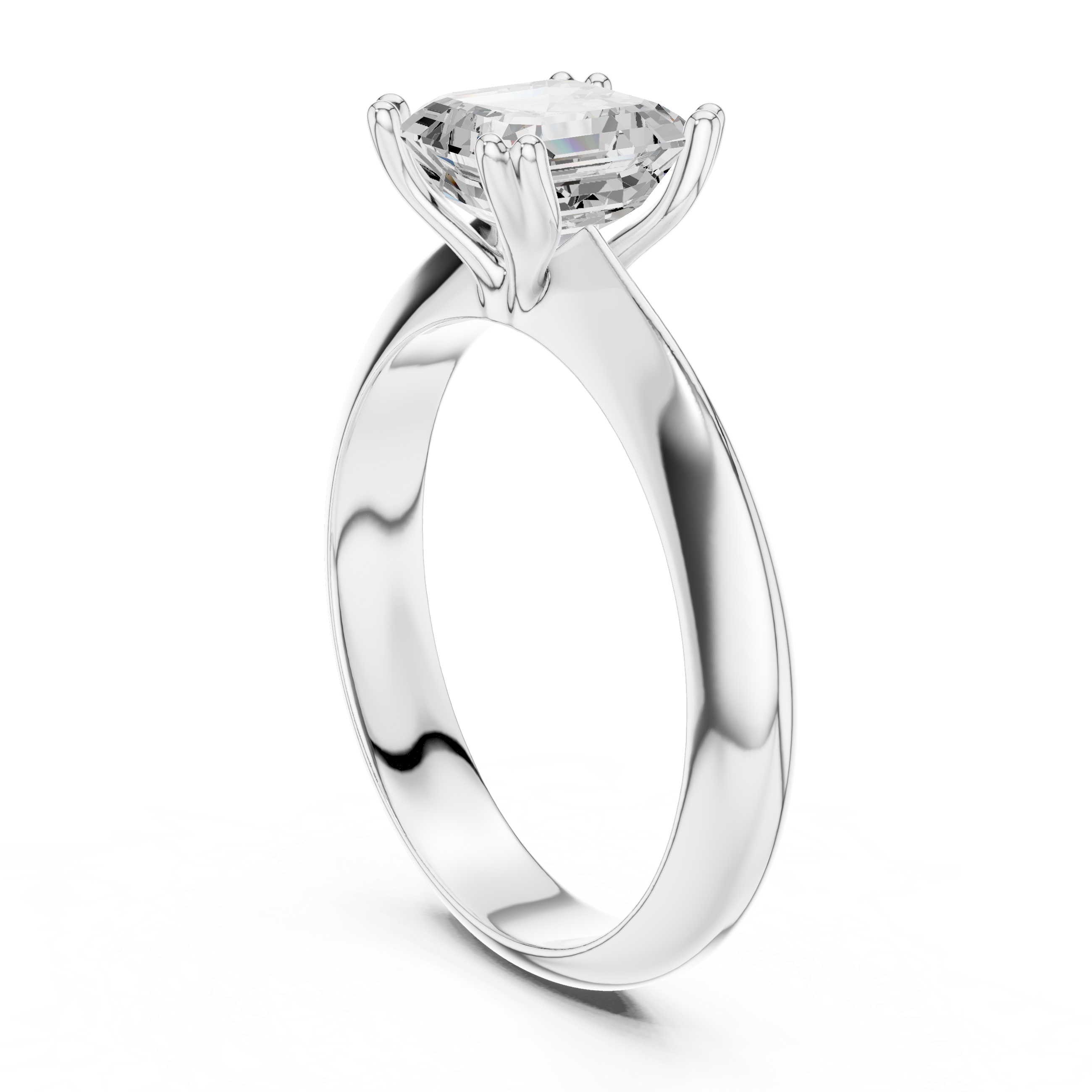 Asscher cut solitaire engagement ring with eight prong basket setting and wide polished band