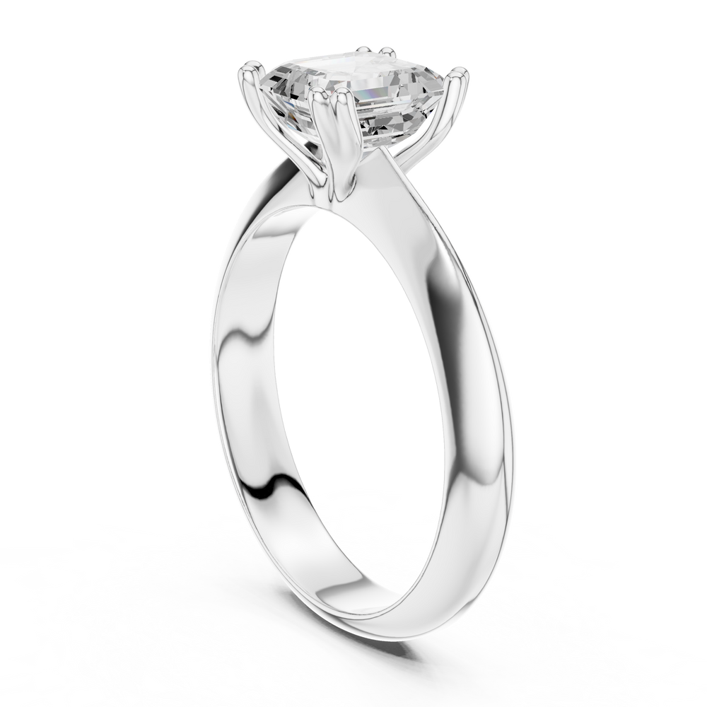 Asscher cut solitaire engagement ring with eight prong basket setting and wide polished band