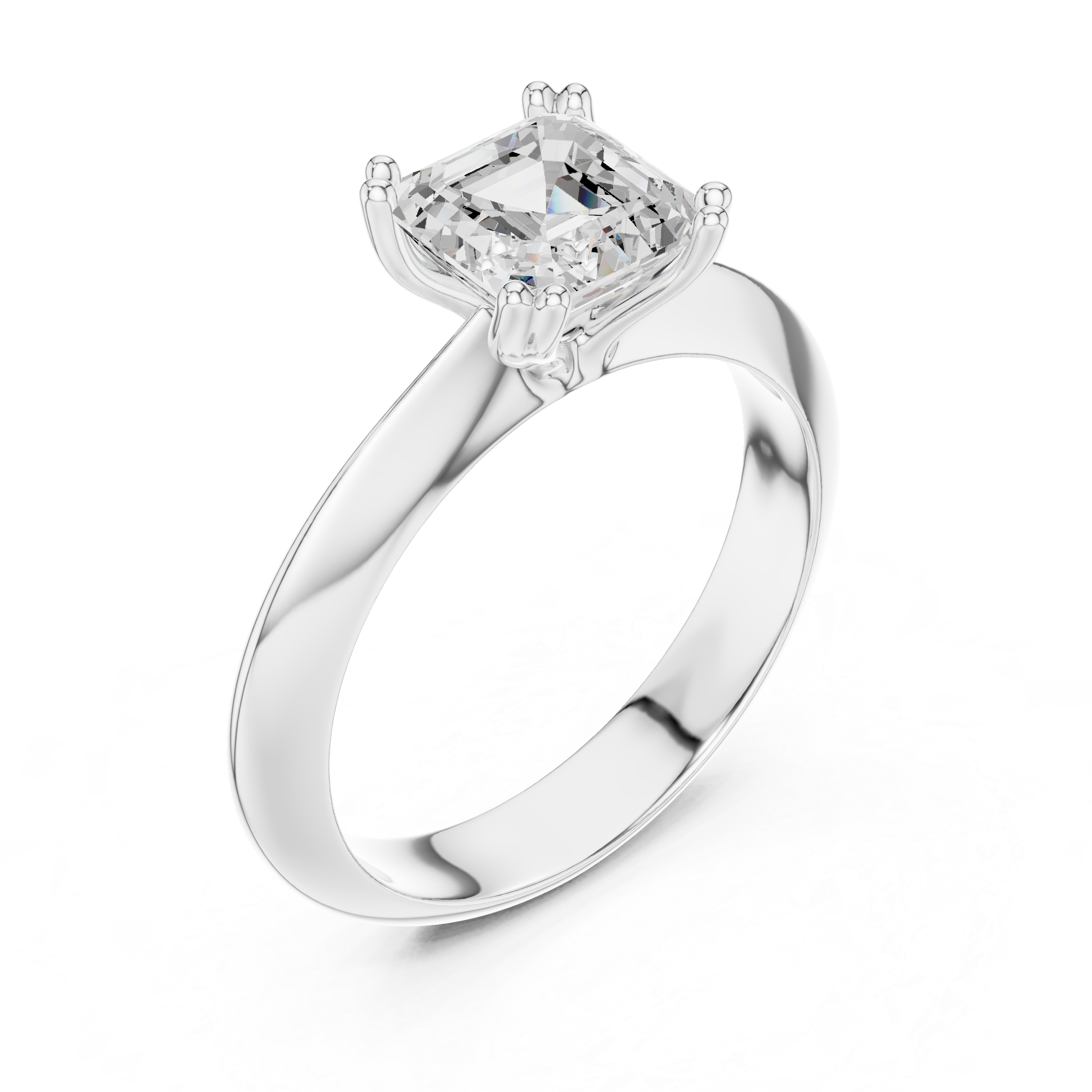 Asscher cut solitaire engagement ring with eight prong basket setting and wide polished band