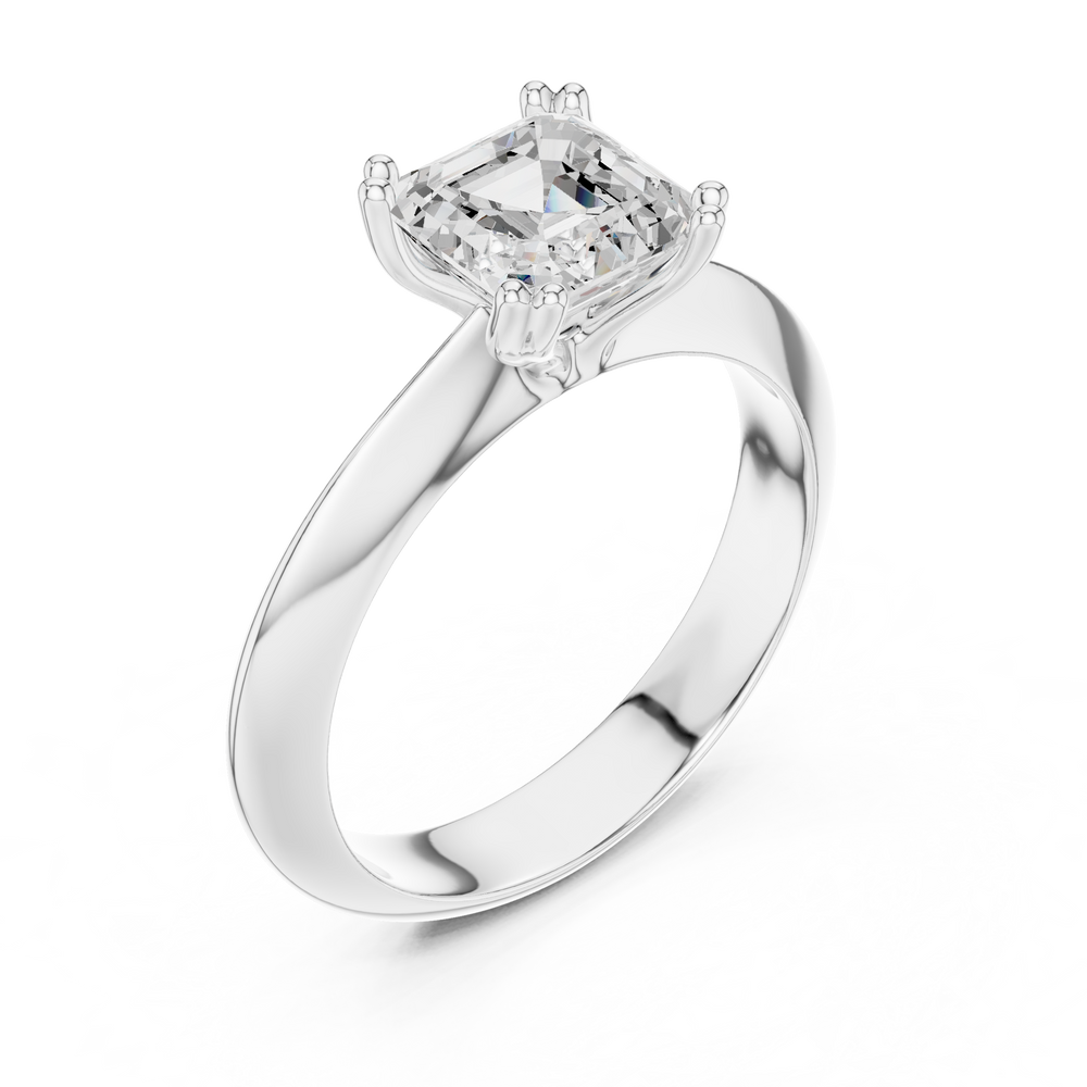Asscher cut solitaire engagement ring with eight prong basket setting and wide polished band