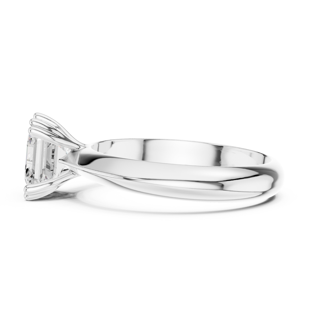 Asscher cut solitaire engagement ring with eight prong basket setting and wide polished band