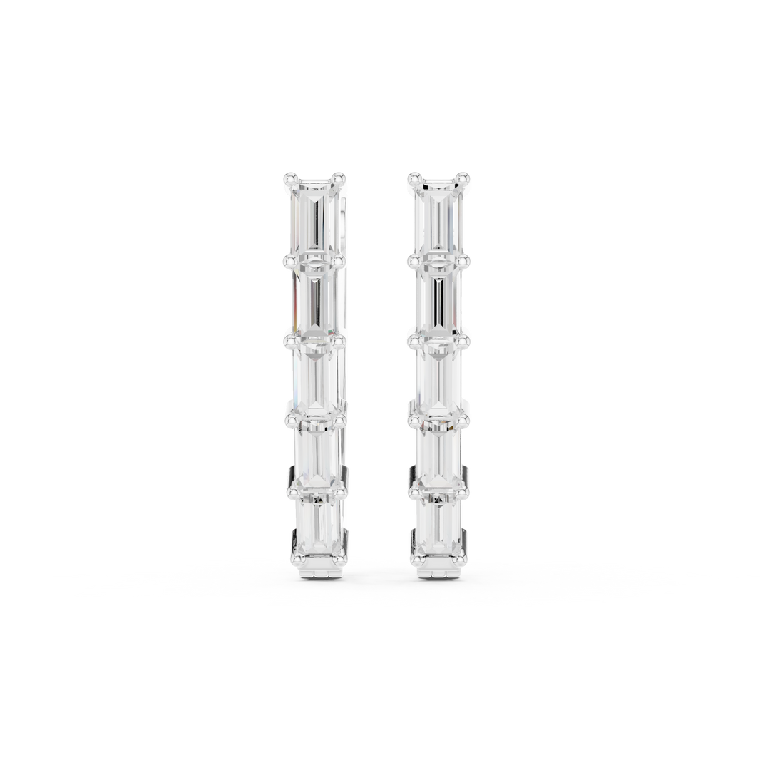 Four baguette cut stones stacked vertically in a linear bar drop stud earring