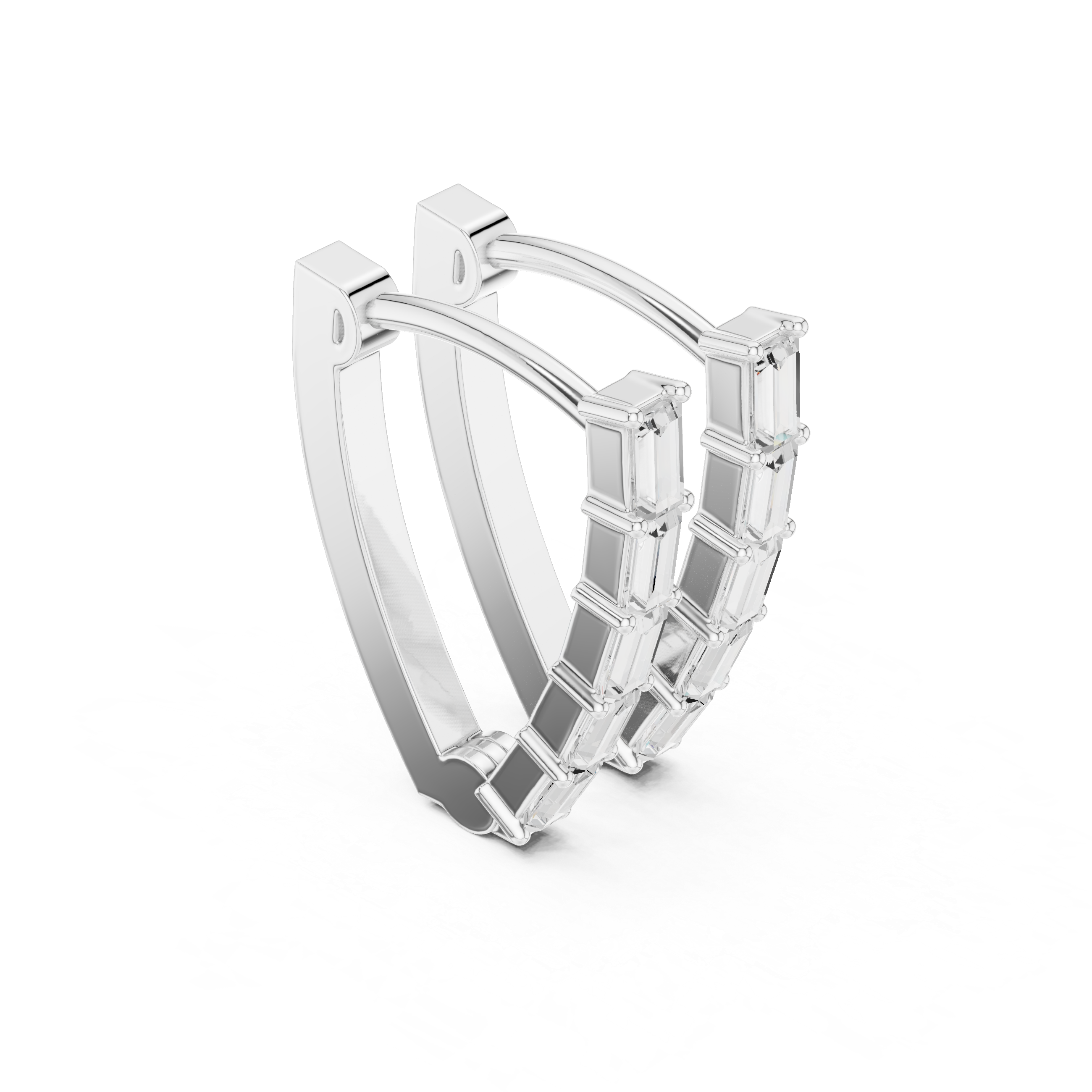 Four baguette cut stones stacked vertically in a linear bar drop stud earring