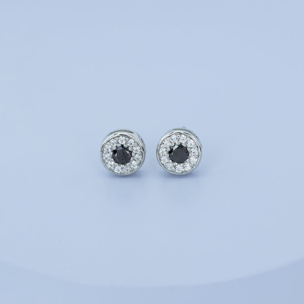Black halo round cluster stud earrings with white pave surround and circular bezel frame