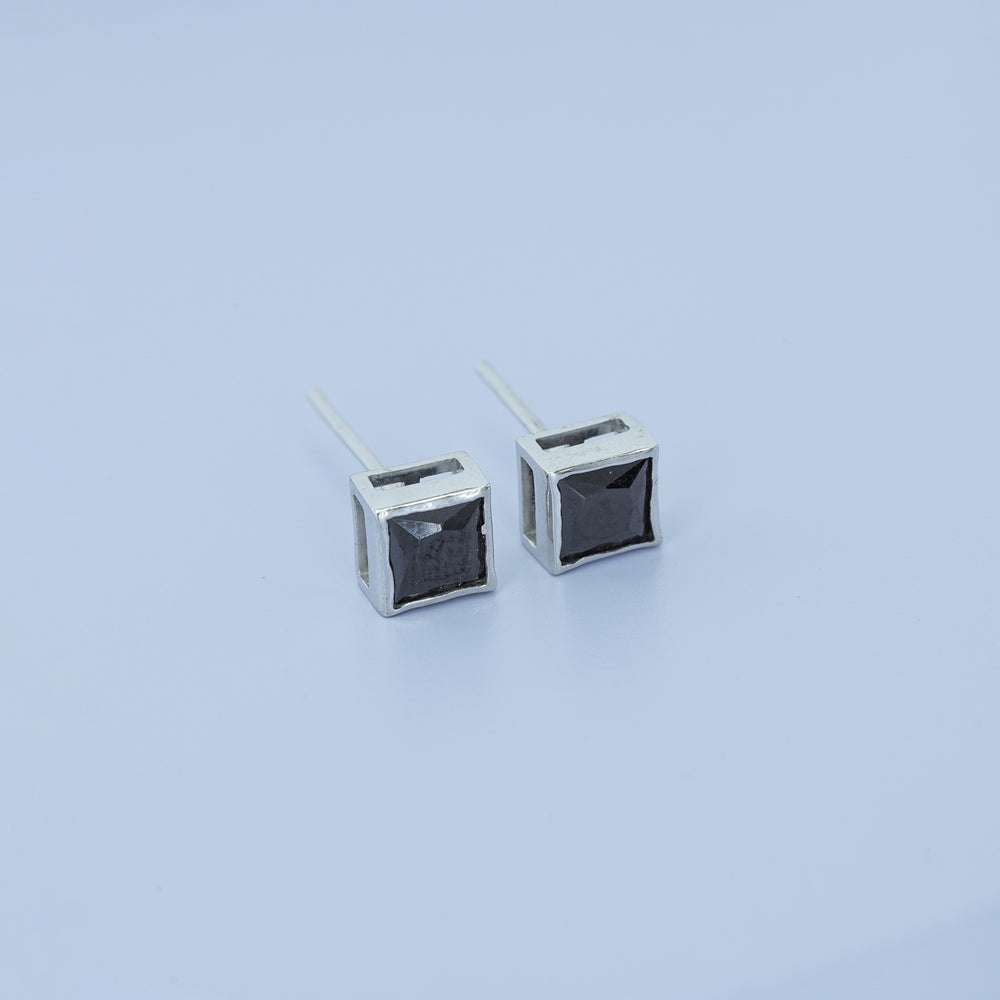 Black princess bezel stud earrings with channel set flat square frame