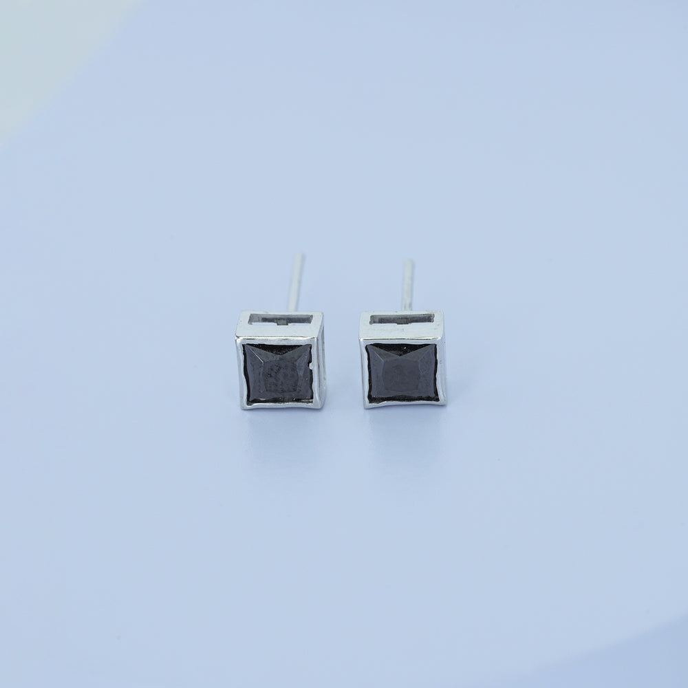 Black princess bezel stud earrings with channel set flat square frame