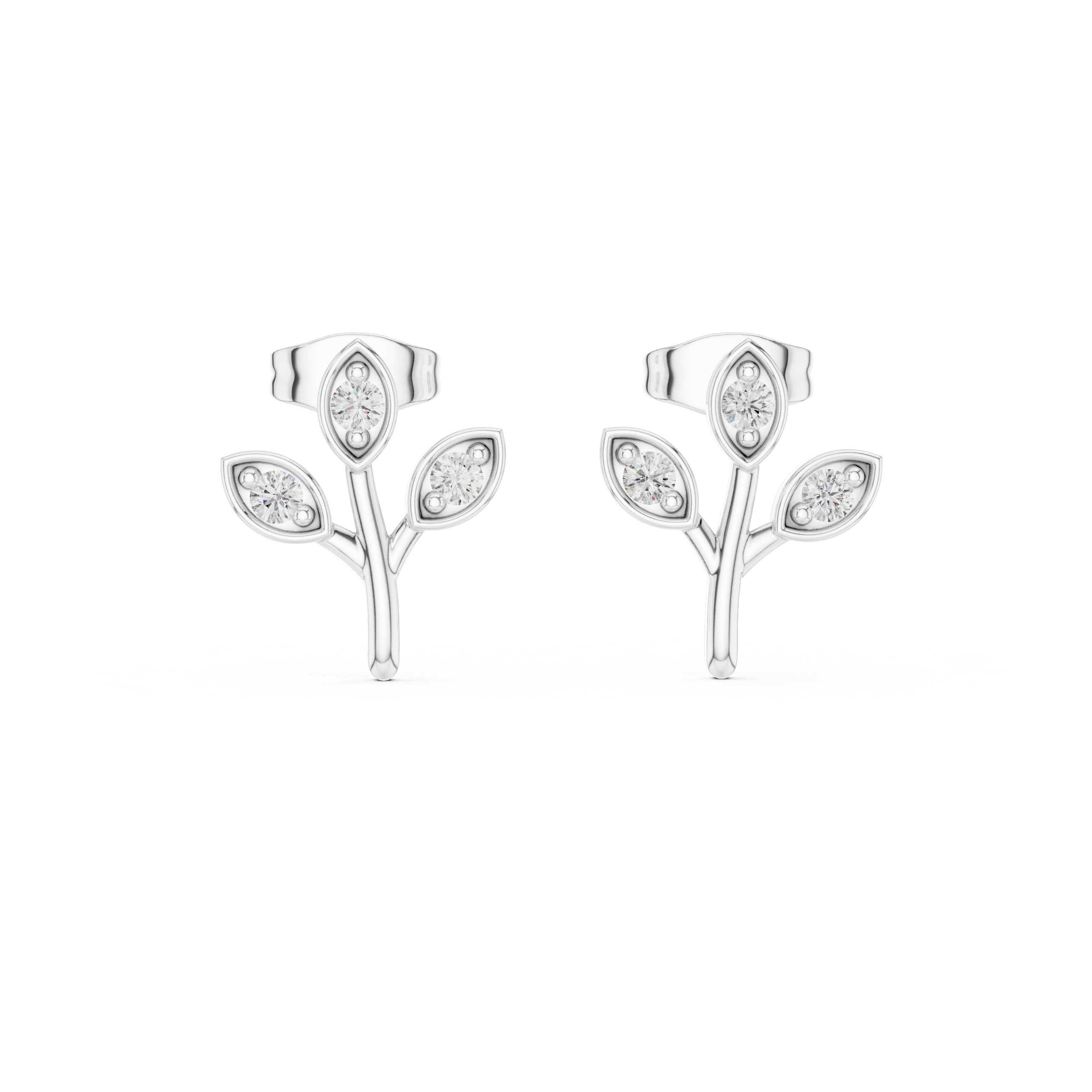 Branch-shaped stud earrings with three marquise-framed bezel-set round brilliant stones on polished leaf motifs