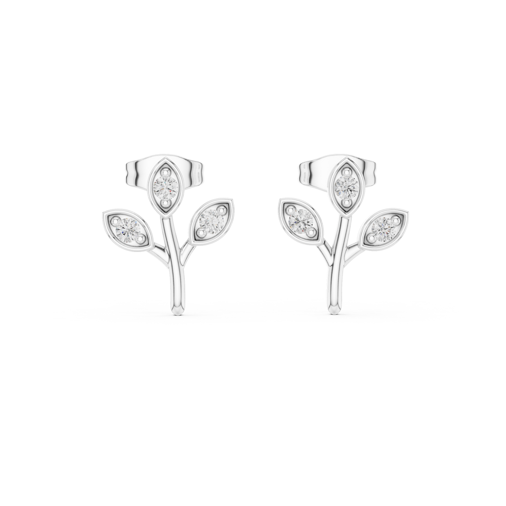 Branch-shaped stud earrings with three marquise-framed bezel-set round brilliant stones on polished leaf motifs