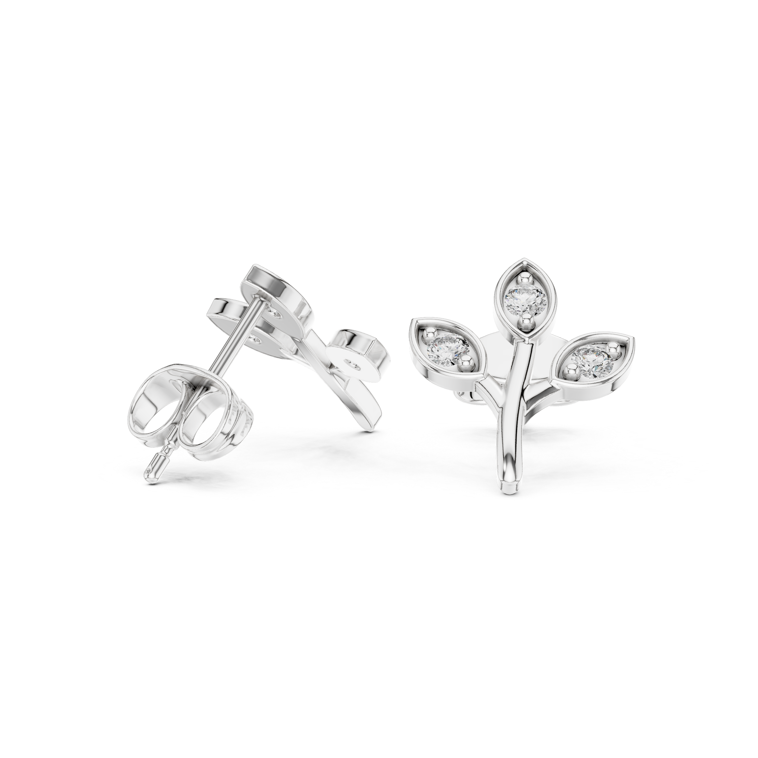 Branch-shaped stud earrings with three marquise-framed bezel-set round brilliant stones on polished leaf motifs