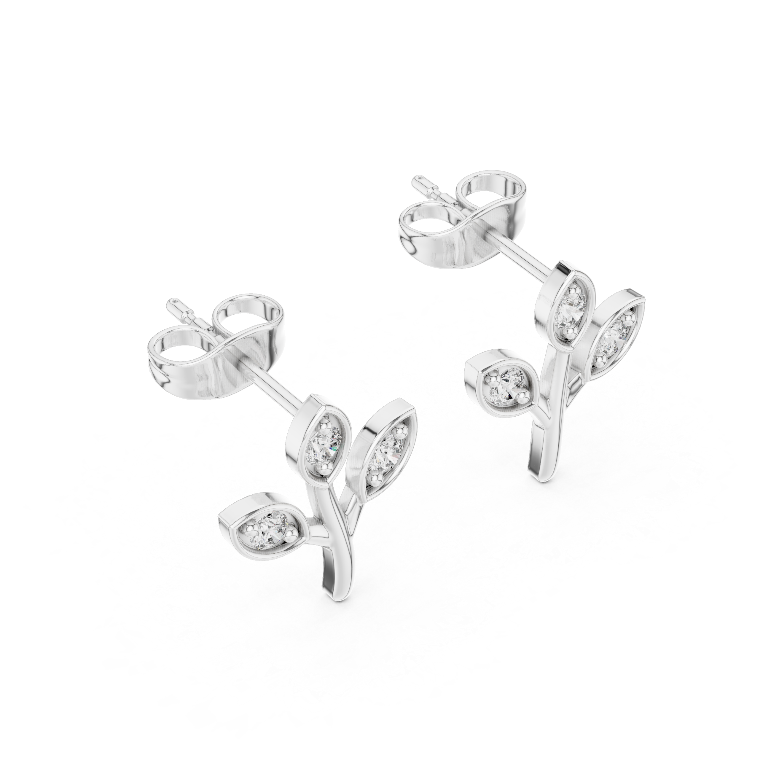 Branch-shaped stud earrings with three marquise-framed bezel-set round brilliant stones on polished leaf motifs