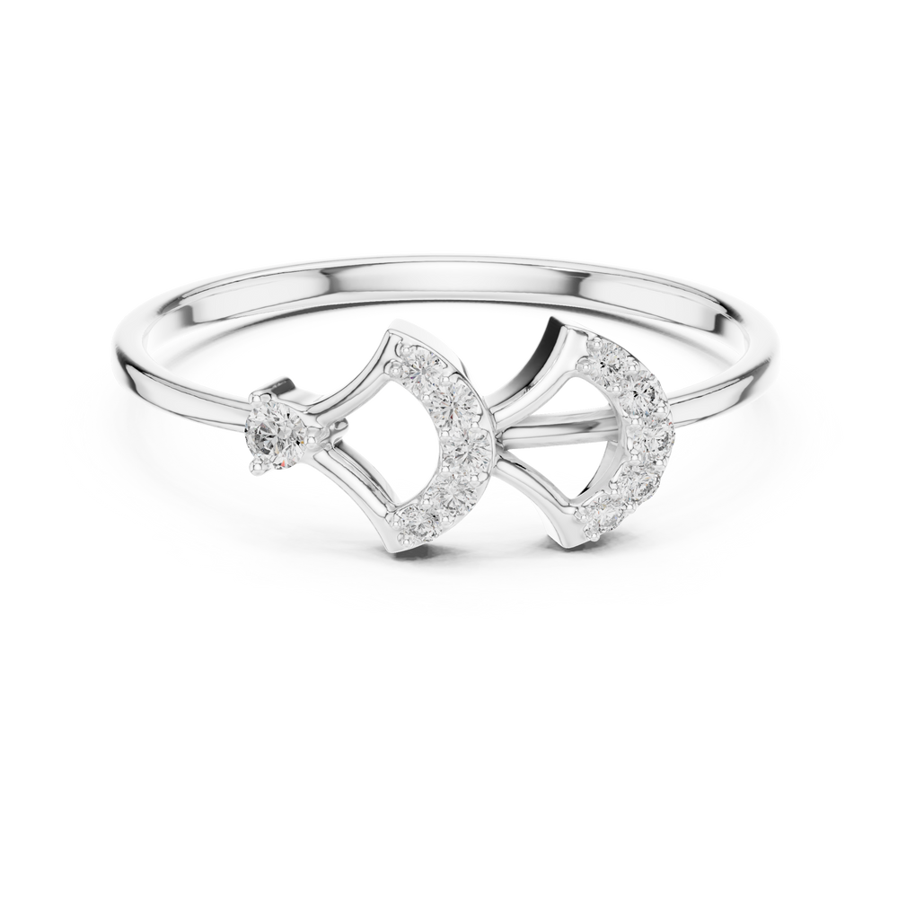 Bow arrow open crown ring with pave set arch top and polished plain band