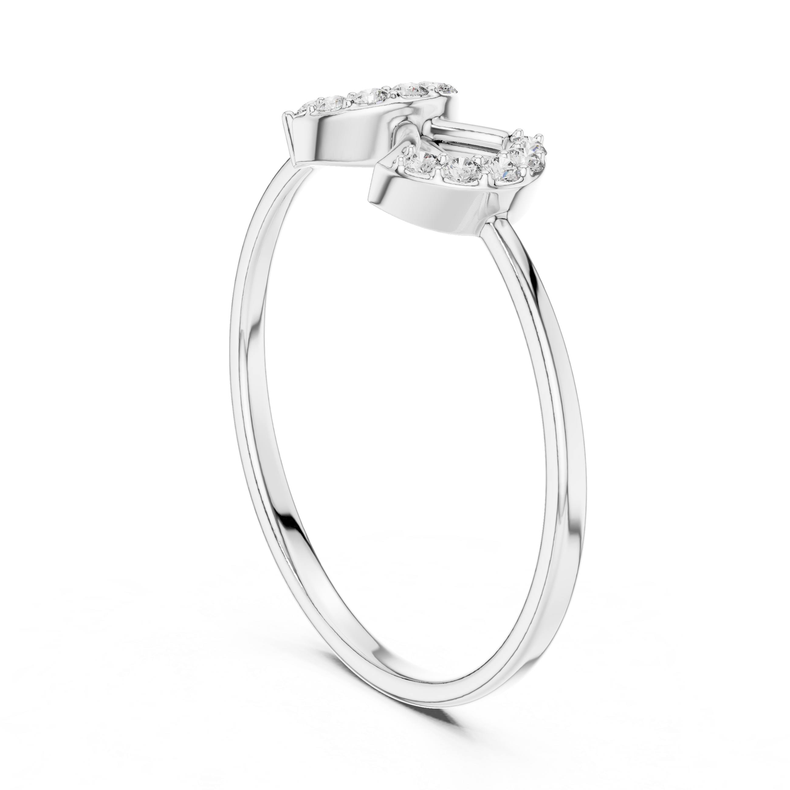 Bow arrow open crown ring with pave set arch top and polished plain band