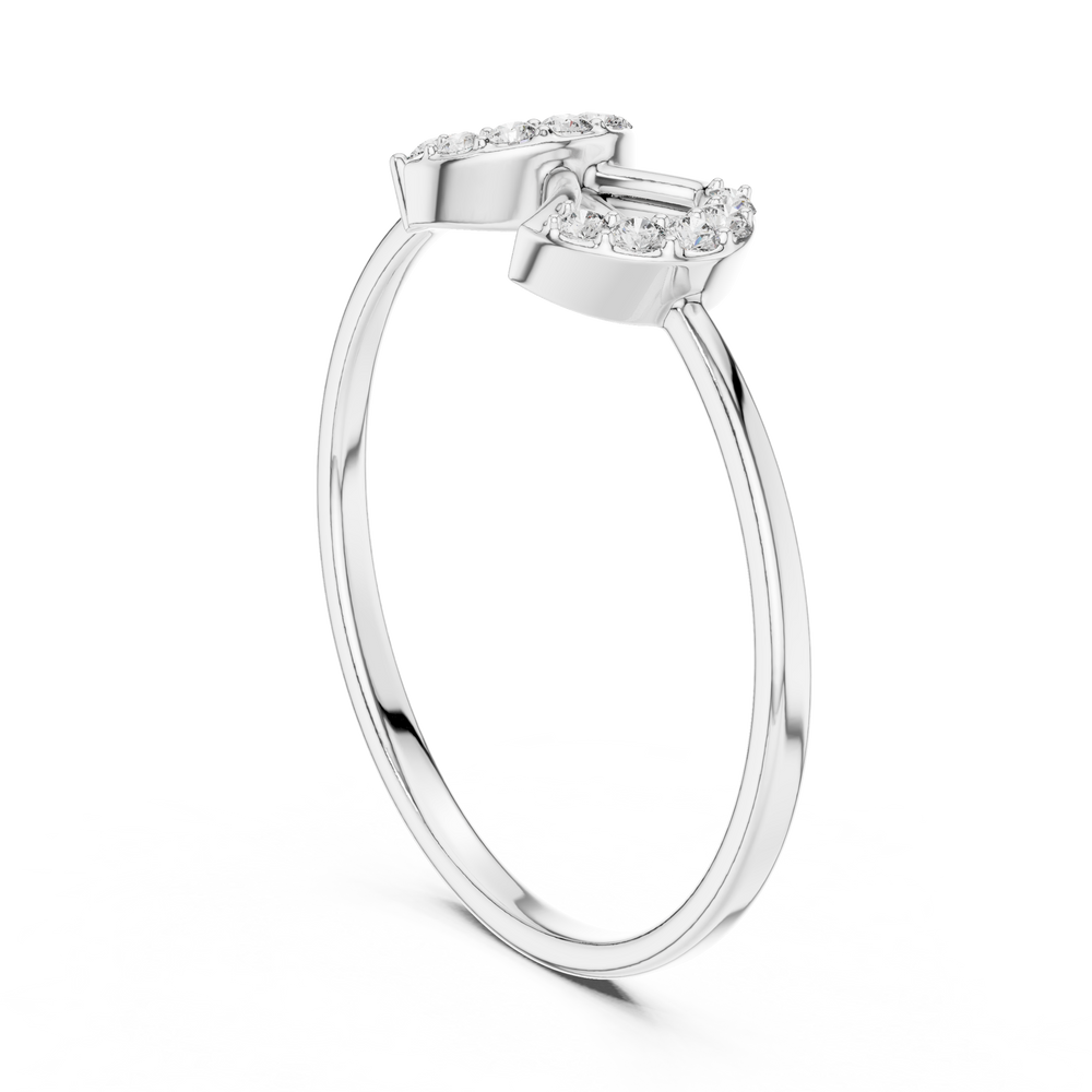 Bow arrow open crown ring with pave set arch top and polished plain band