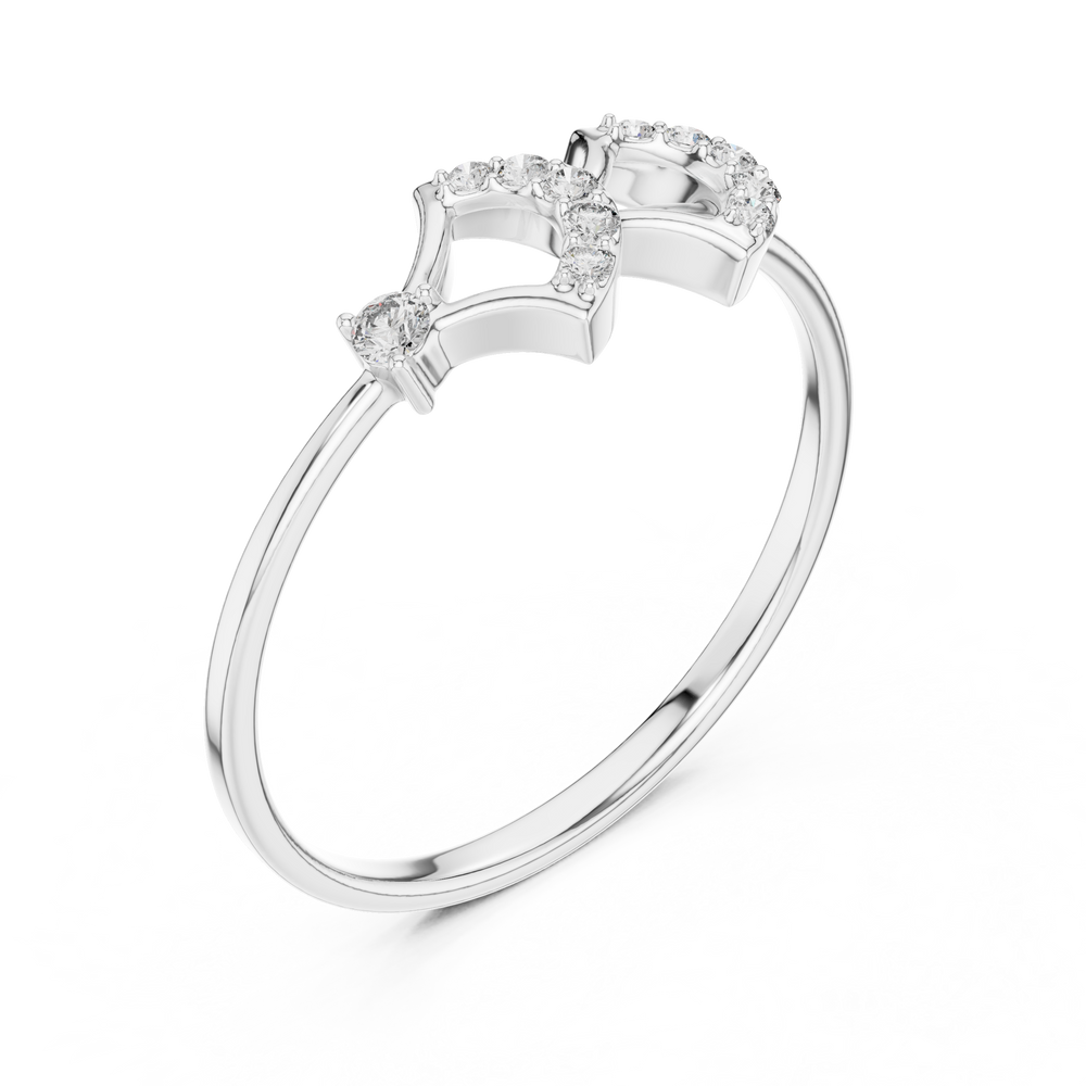 Bow arrow open crown ring with pave set arch top and polished plain band