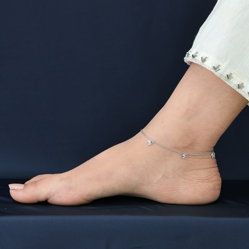 Butterfly charm anklet with delicate chain and five dangling butterfly shaped stone charms