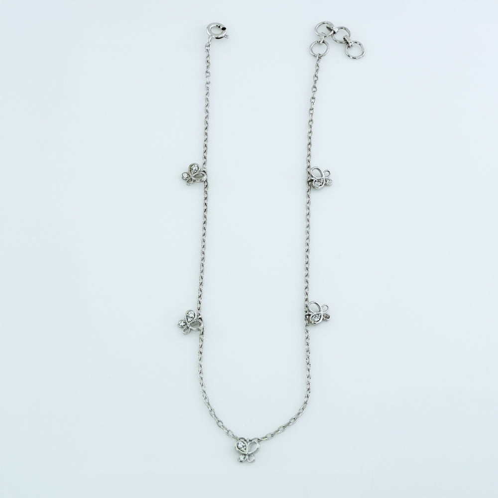 Butterfly charm anklet with delicate chain and five dangling butterfly shaped stone charms