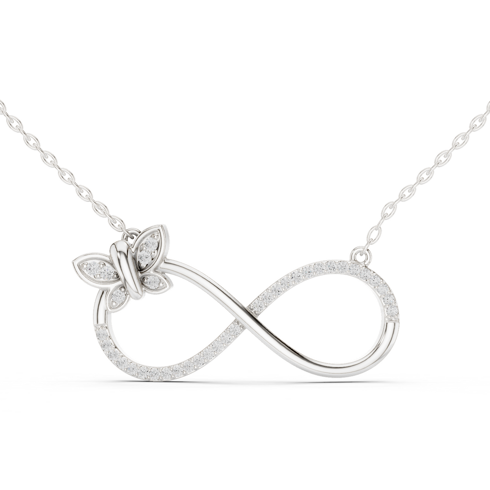 Butterfly infinity diamond pendant necklace with pave butterfly