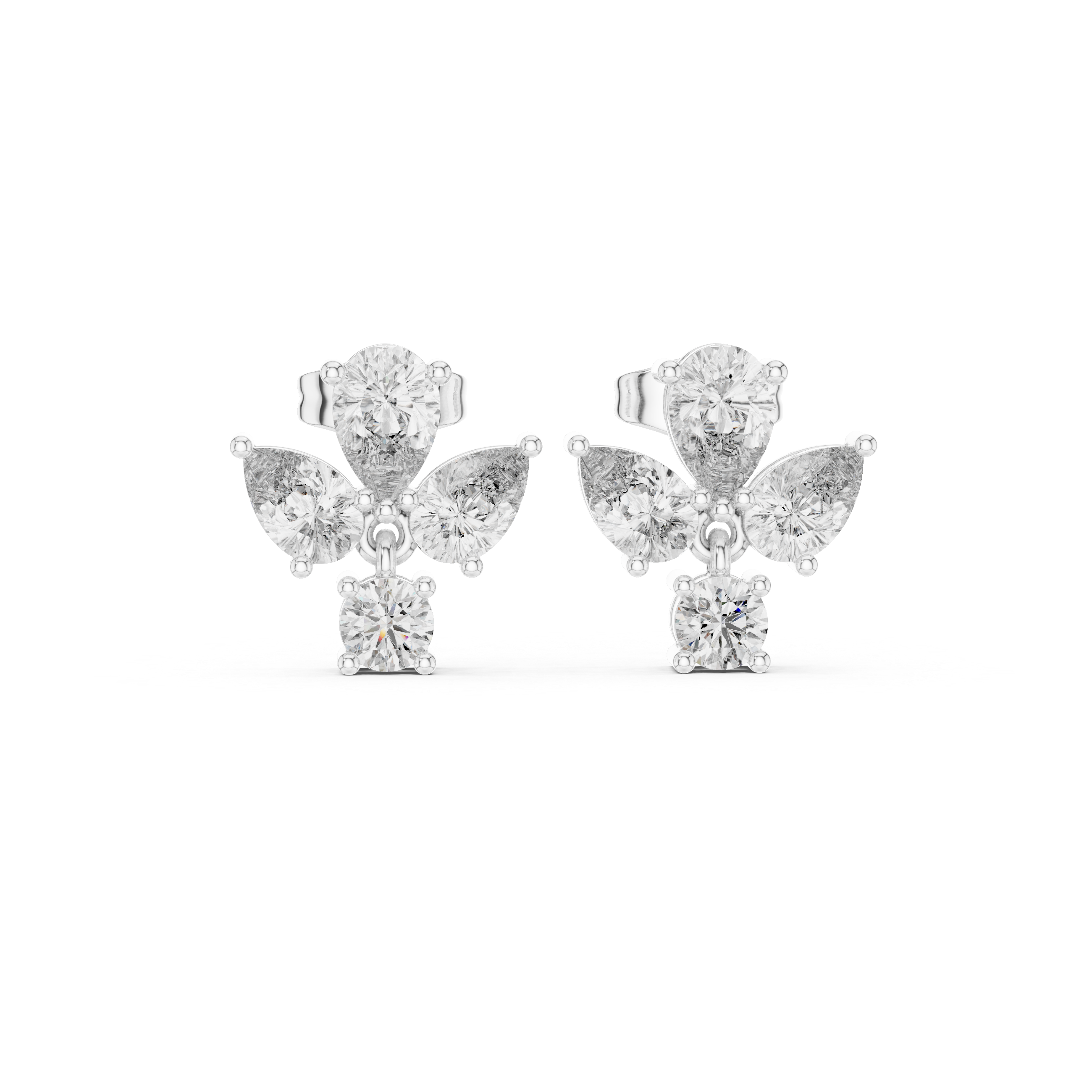 Butterfly pear drop earrings with pear and round stone butterfly wing top and dangling oval solitaire drop