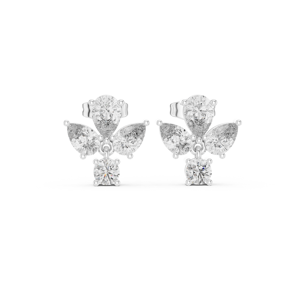 Butterfly pear drop earrings with pear and round stone butterfly wing top and dangling oval solitaire drop
