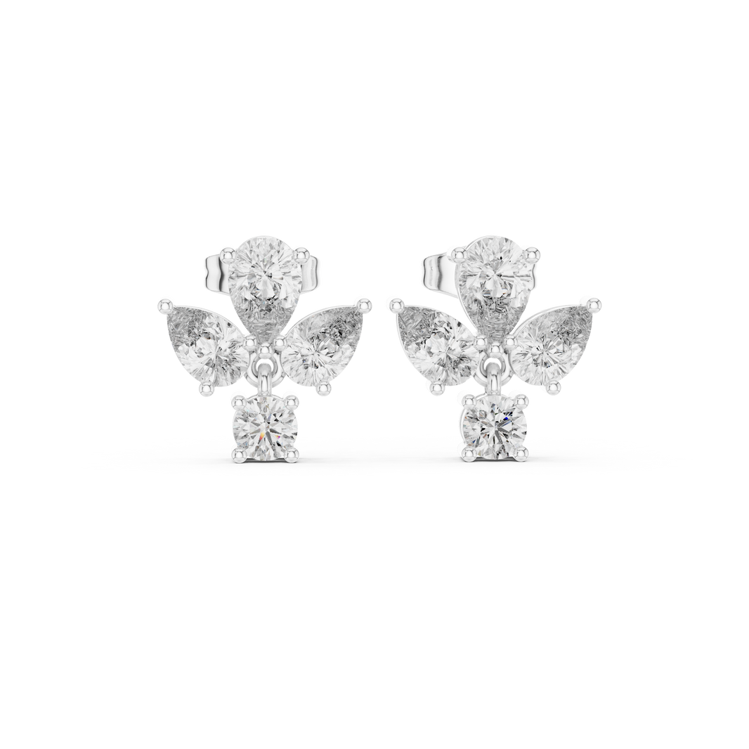 Butterfly pear drop earrings with pear and round stone butterfly wing top and dangling oval solitaire drop