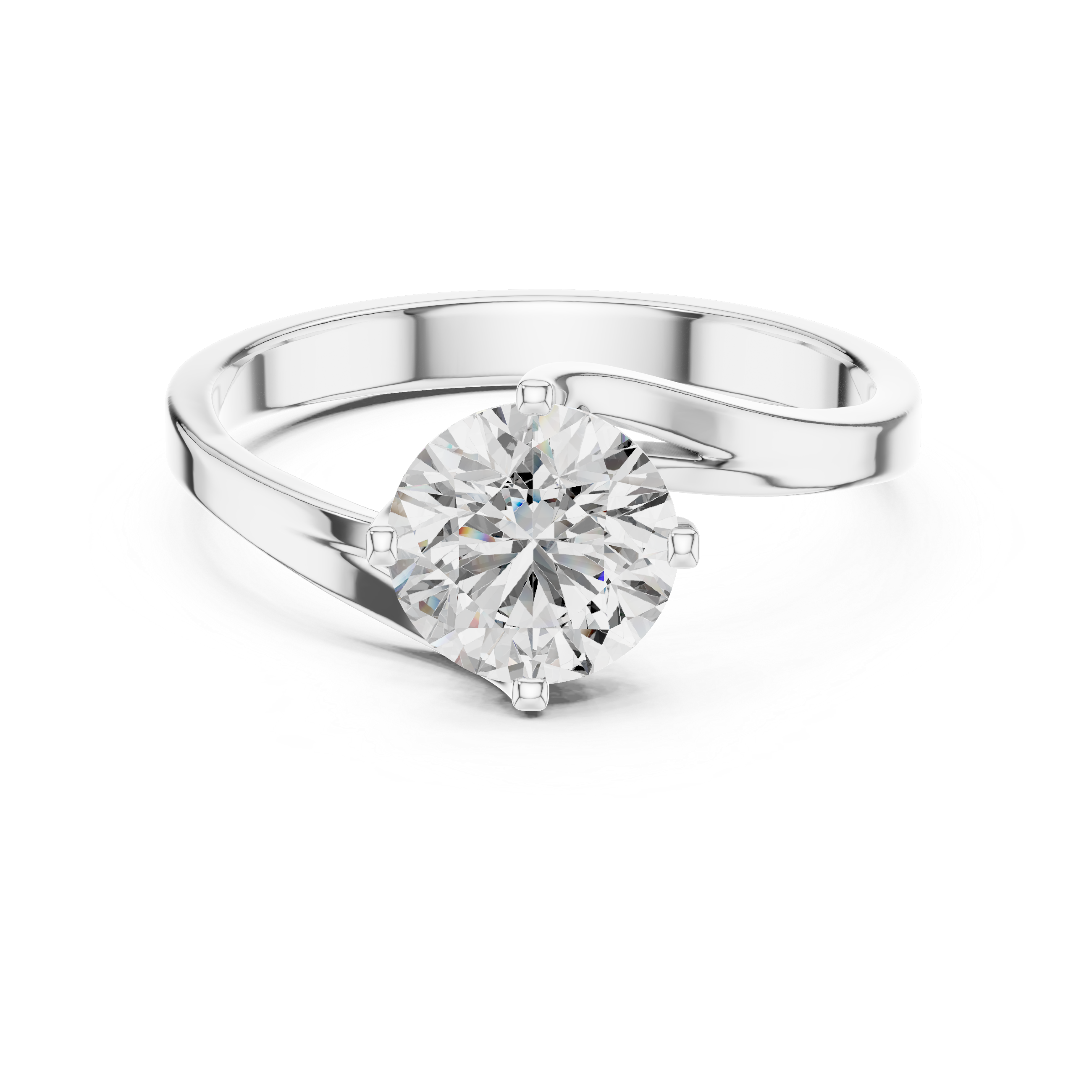 Bypass twist solitaire diamond engagement ring with round brilliant cut stone