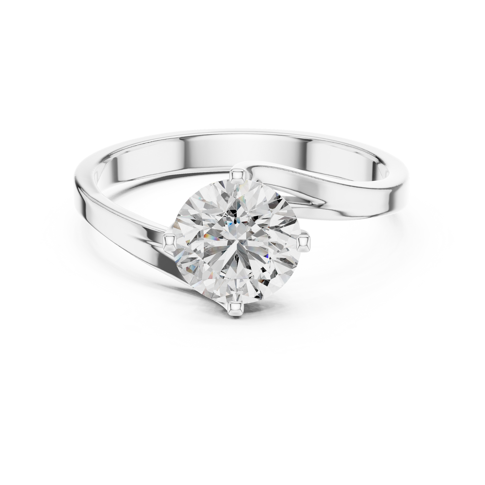 Bypass twist solitaire diamond engagement ring with round brilliant cut stone